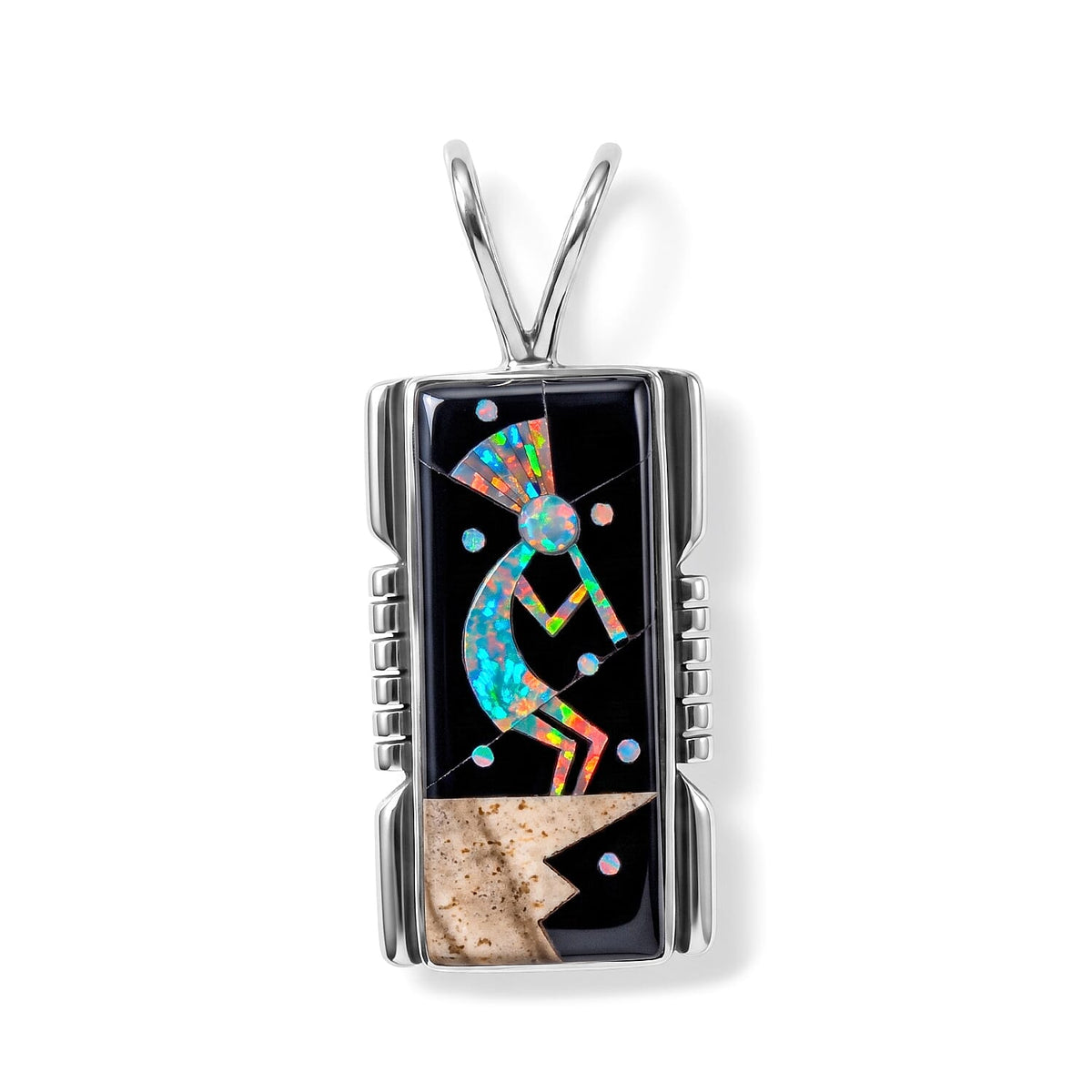 Black Onyx ,Lab Created Fire Opal ,Picture Jasper  Pendant Sterling Silver 1.21 ctw