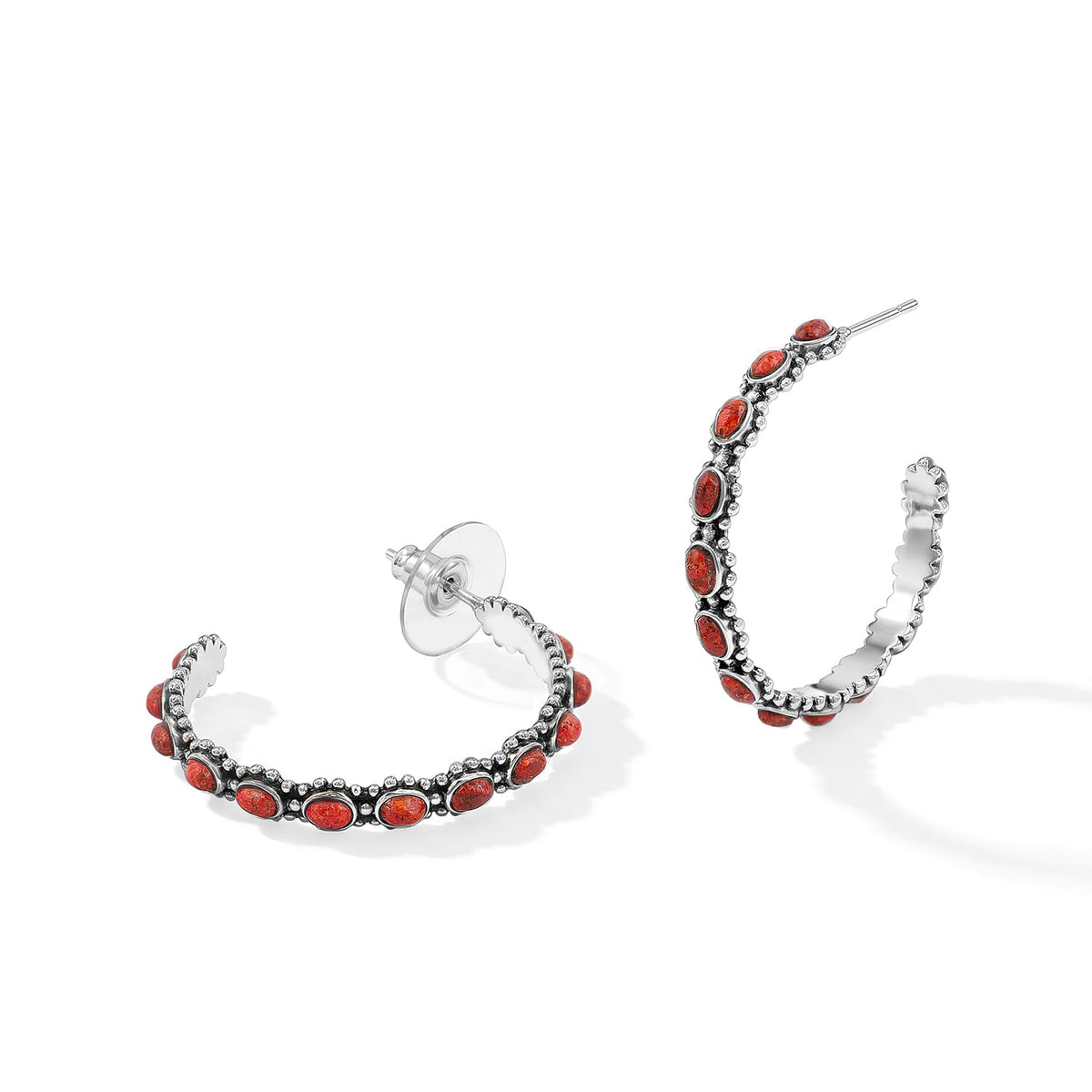 Santa Fe Style Red Spiny Oyster Shell Earrings in Sterling Silver