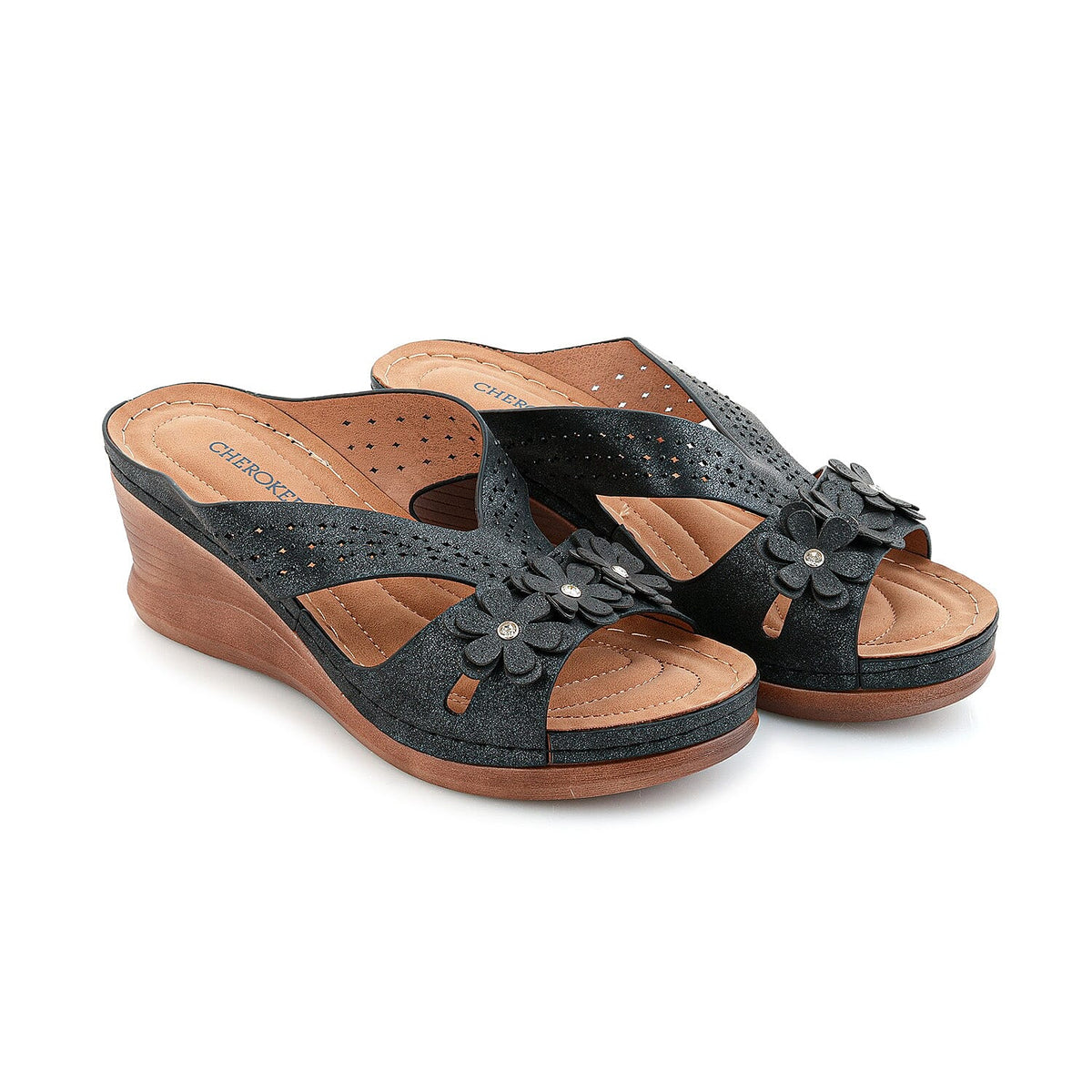Cherokee Black Floral Applique Strap Wedge - 6