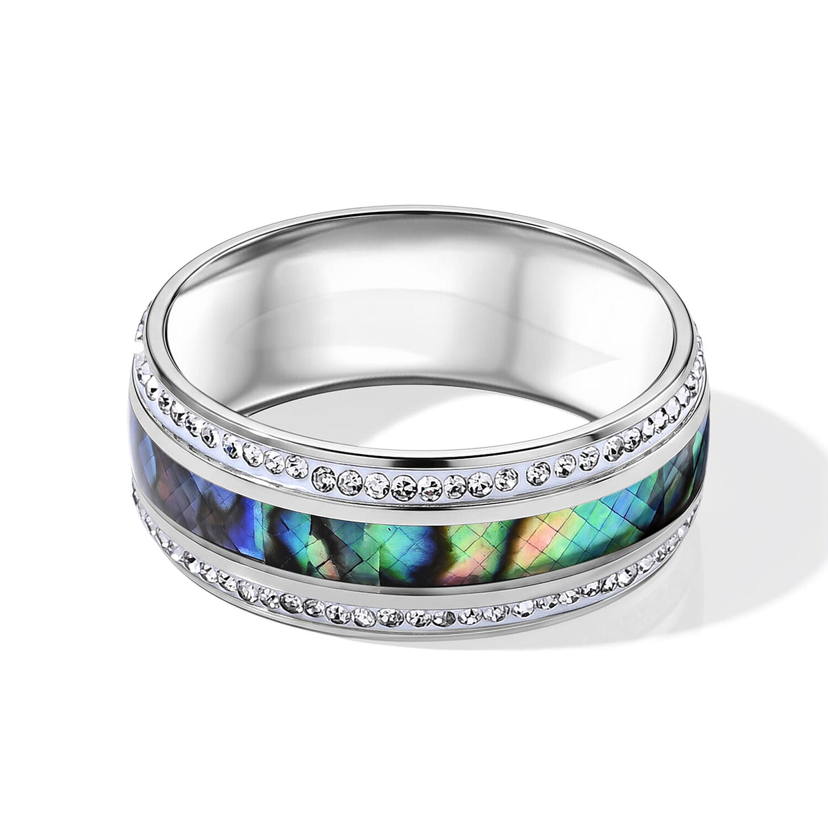 Abalone Shell and Austrian Crystal Ring in Stainless Steel (Size 10.0)