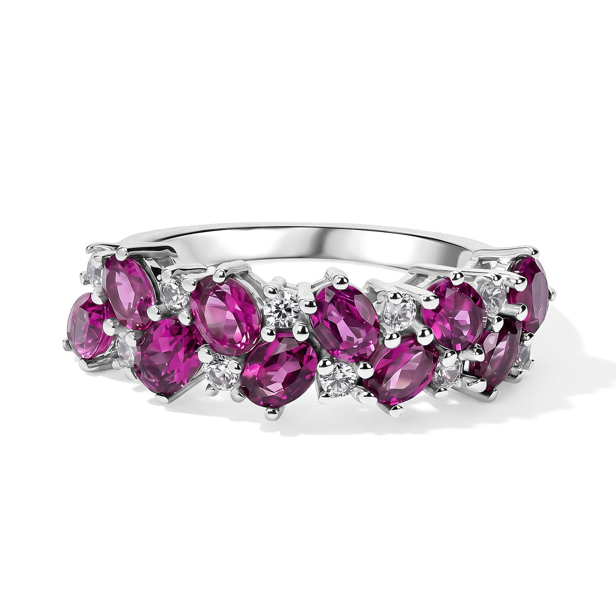 D''Joy Premium Radiant Ember Garnet and White Zircon 2.15 ctw Half Eternity Band Ring in Rhodium Over Sterling Silver (Size 7.0)