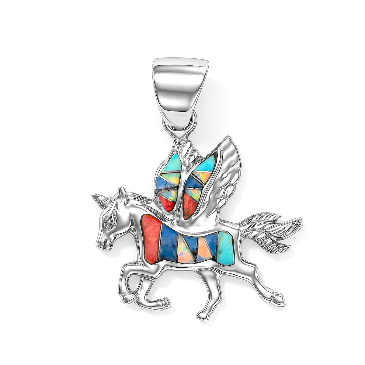 Santa Fe Style Kingman Turquoise and Lab Created Fire Opal 0.50 ctw Pegasus Pendant Without Chain in Sterling Silver