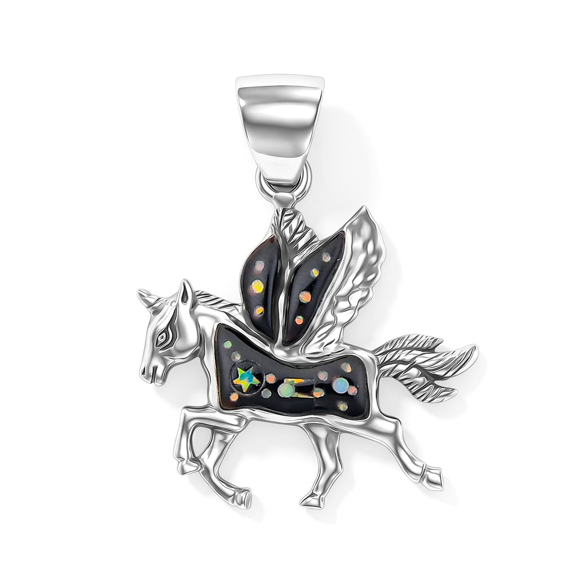 Santa Fe Style Kingman Turquoise and Lab Created Fire Opal 0.50 ctw Pegasus Pendant Without Chain in Sterling Silver