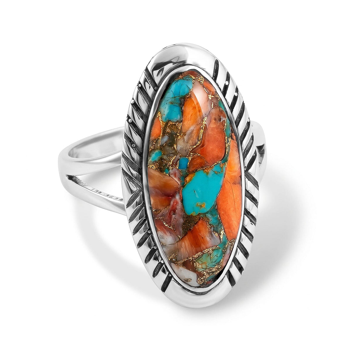 Santa Fe Style Spiny Turquoise 2.50 ctw Statement Oval Ring in Sterling Silver (Size 10.0)