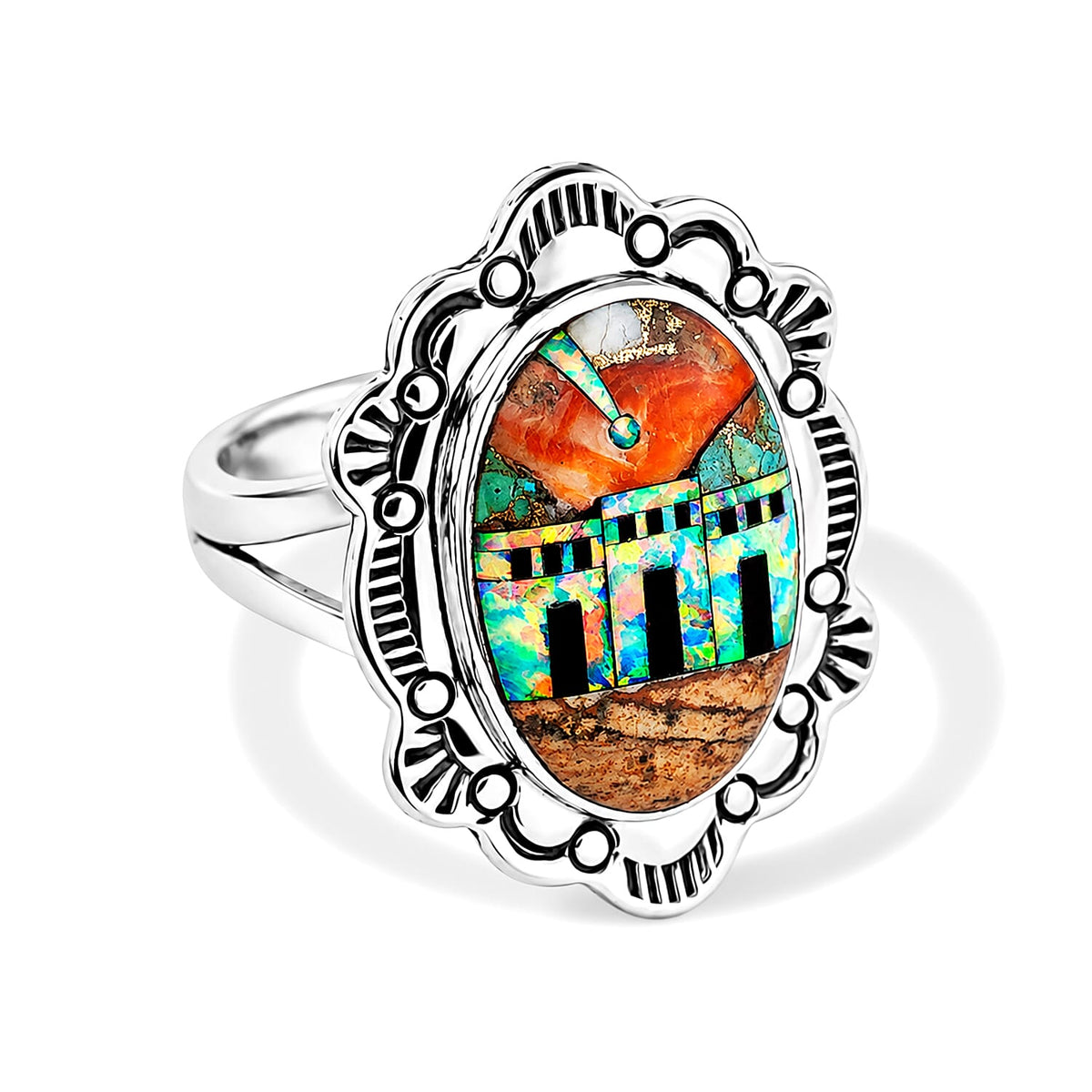 Santa Fe Style Spiny Turquoise and Multi Gemstone 1.15 ctw Pueblo Statement Ring in Sterling Silver (Size 10.0)