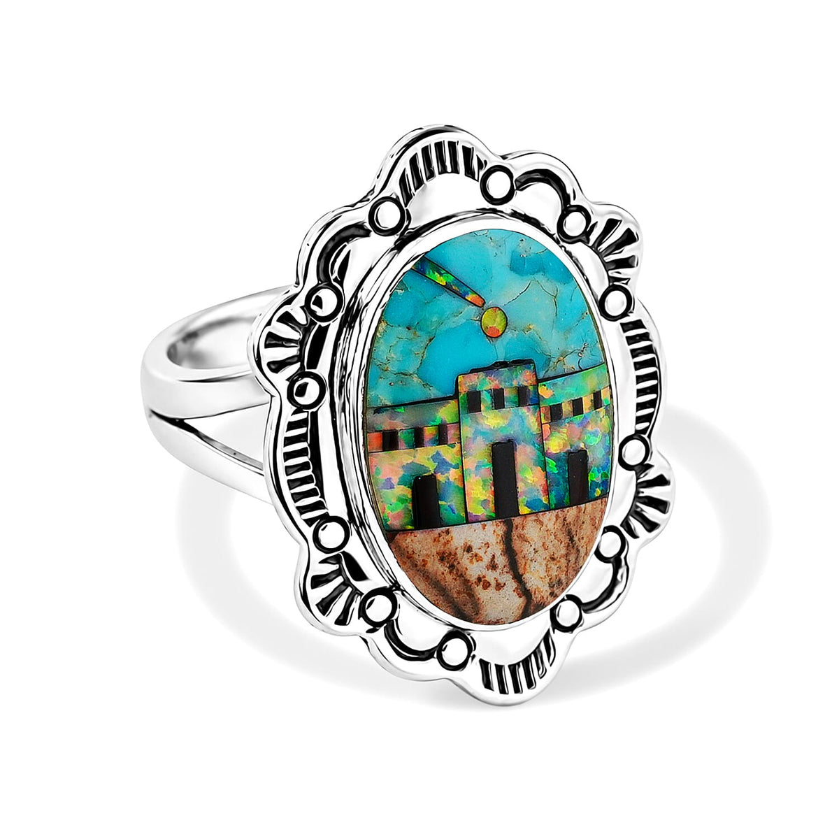 Santa Fe Style Spiny Turquoise and Multi Gemstone 1.15 ctw Pueblo Statement Ring in Sterling Silver (Size 10.0)