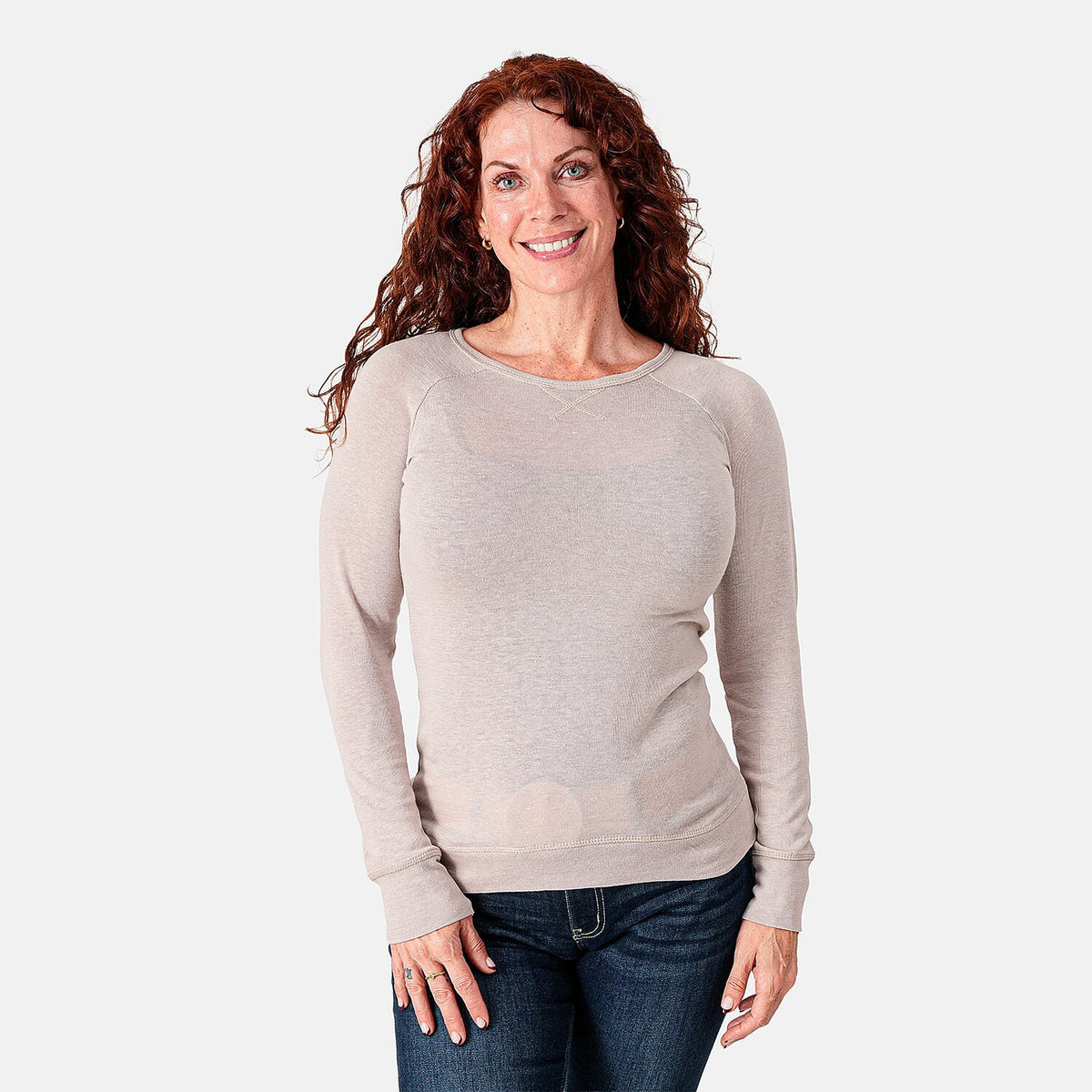 Color Story Oatmeal Lightweight Cotton Blend Crew Neck Slub Knit Top - S
