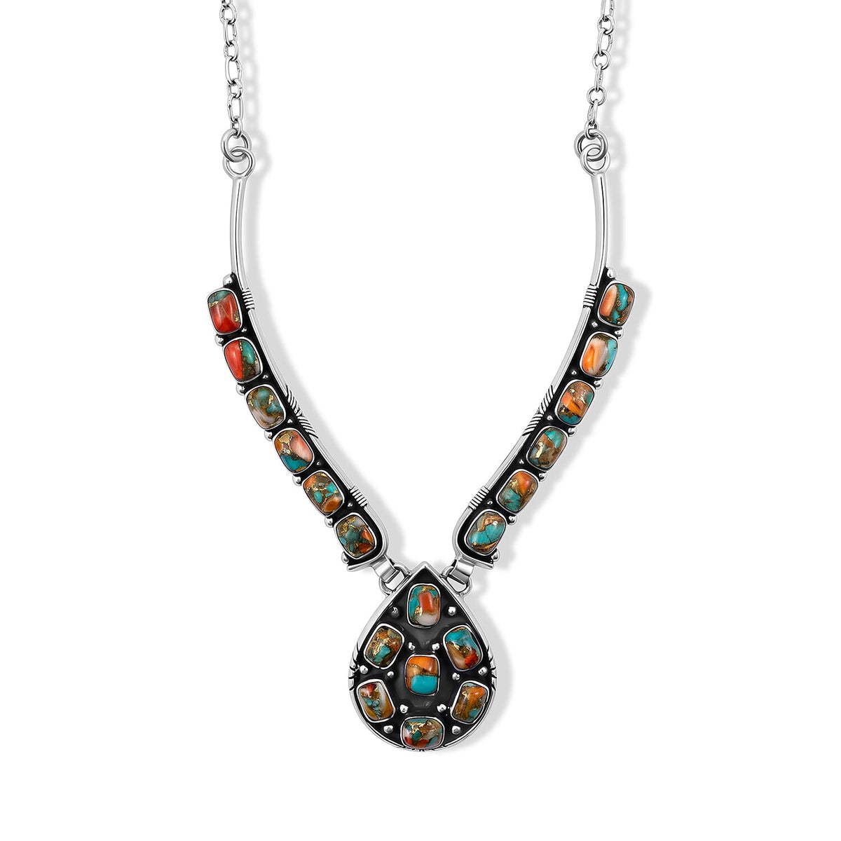 Santa Fe Style Red Spiny Oyster Shell 4.50 ctw Necklace in Sterling Silver 18-20 Inches