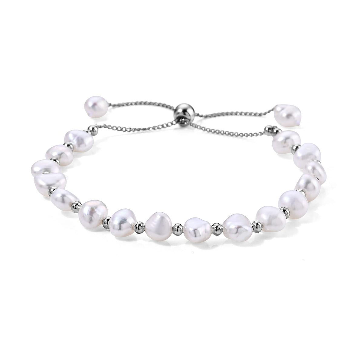 White Freshwater Pearl Bolo Bracelet in Silvertone