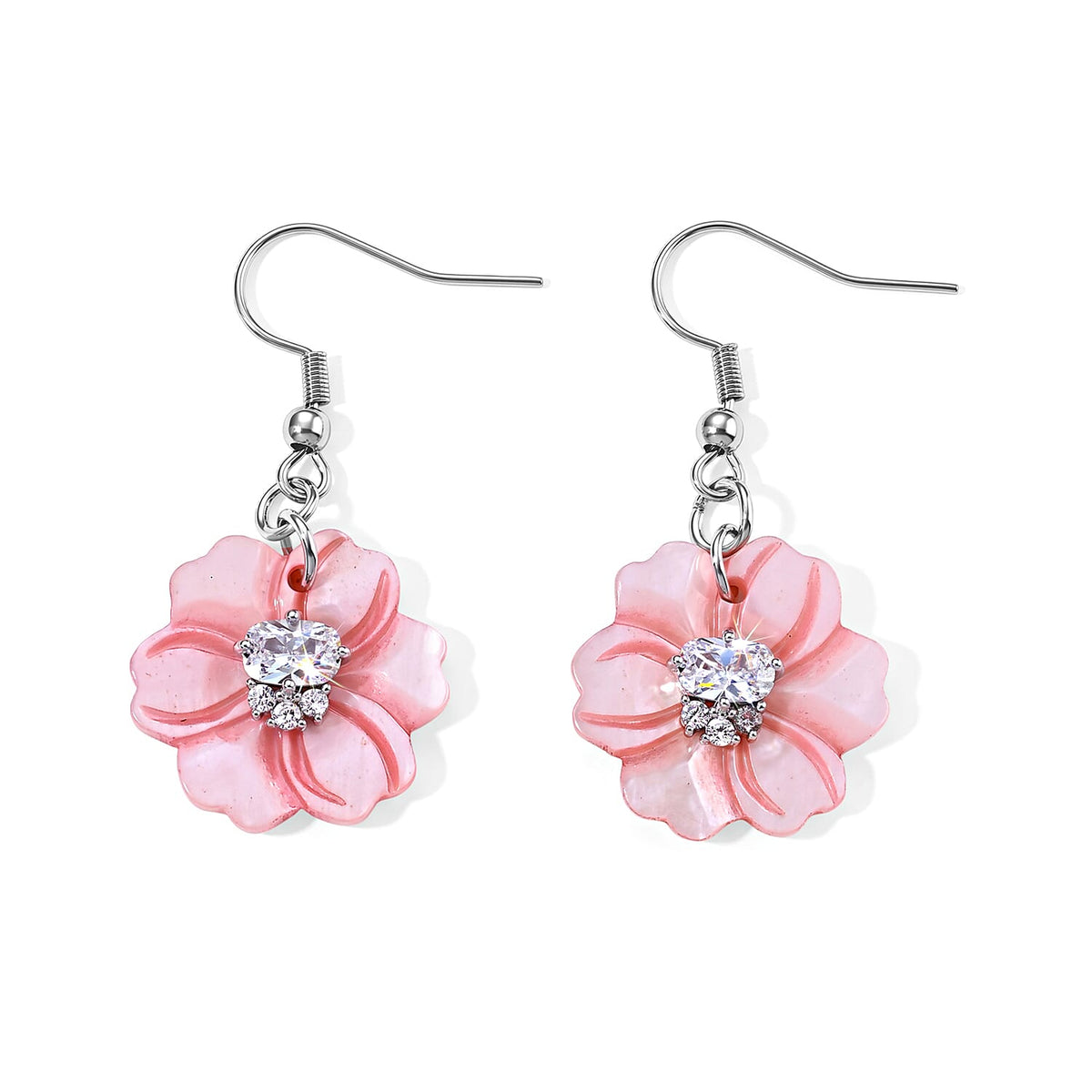 Simulated Diamond and White Shell Pearl Floral Earrings in Silvertone