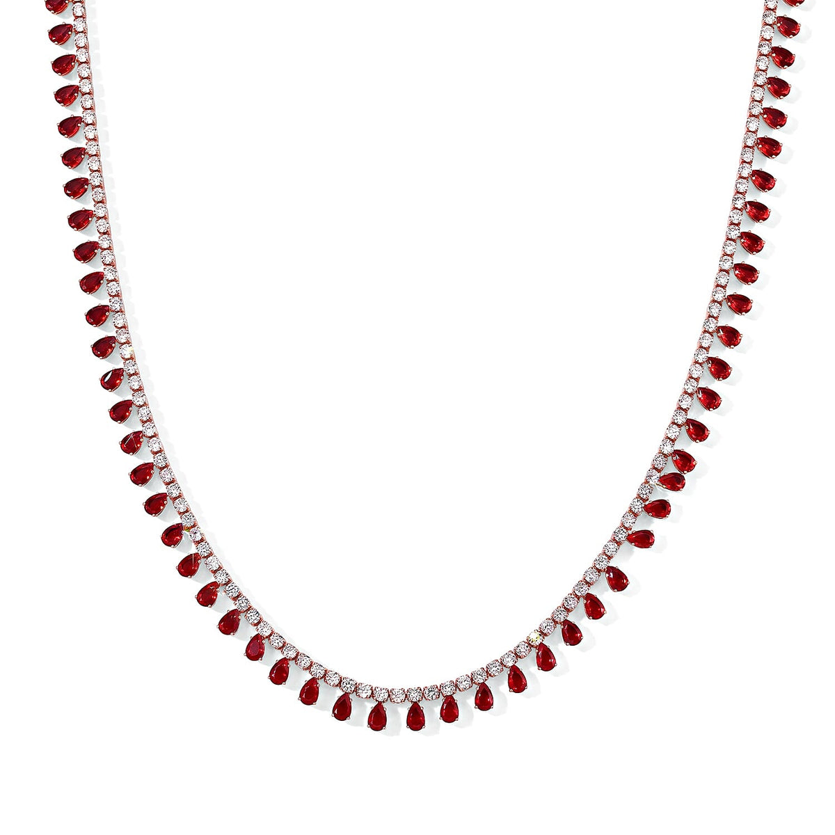 Red Austrian Crystal and Simulated Diamond Necklace (20-22 Inches) in Rosetone