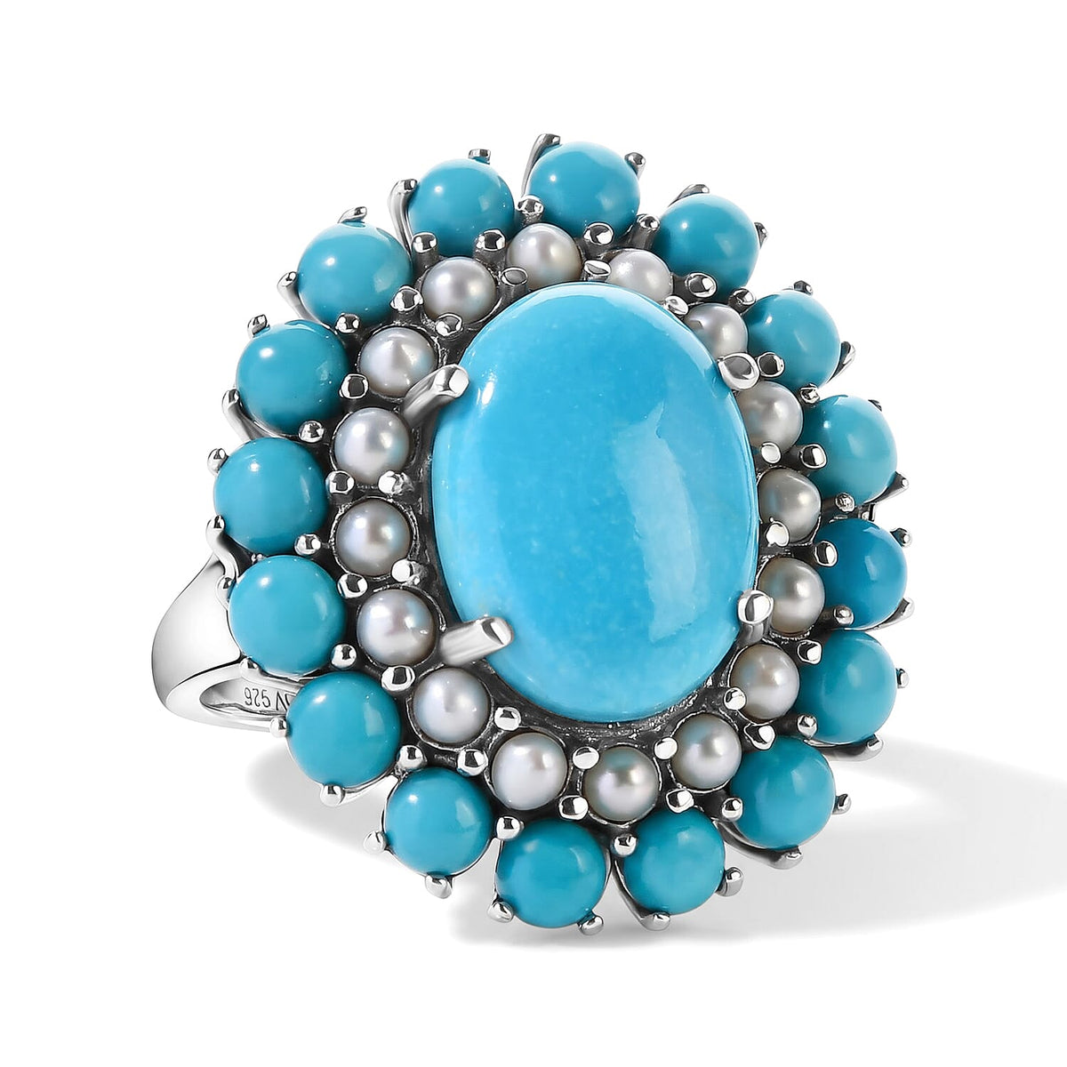 D''Joy Premium Turquoise, Freshwater Pearl Ring in Rhodium Over Sterling Silver (Size 10.0) 7.70 ctw