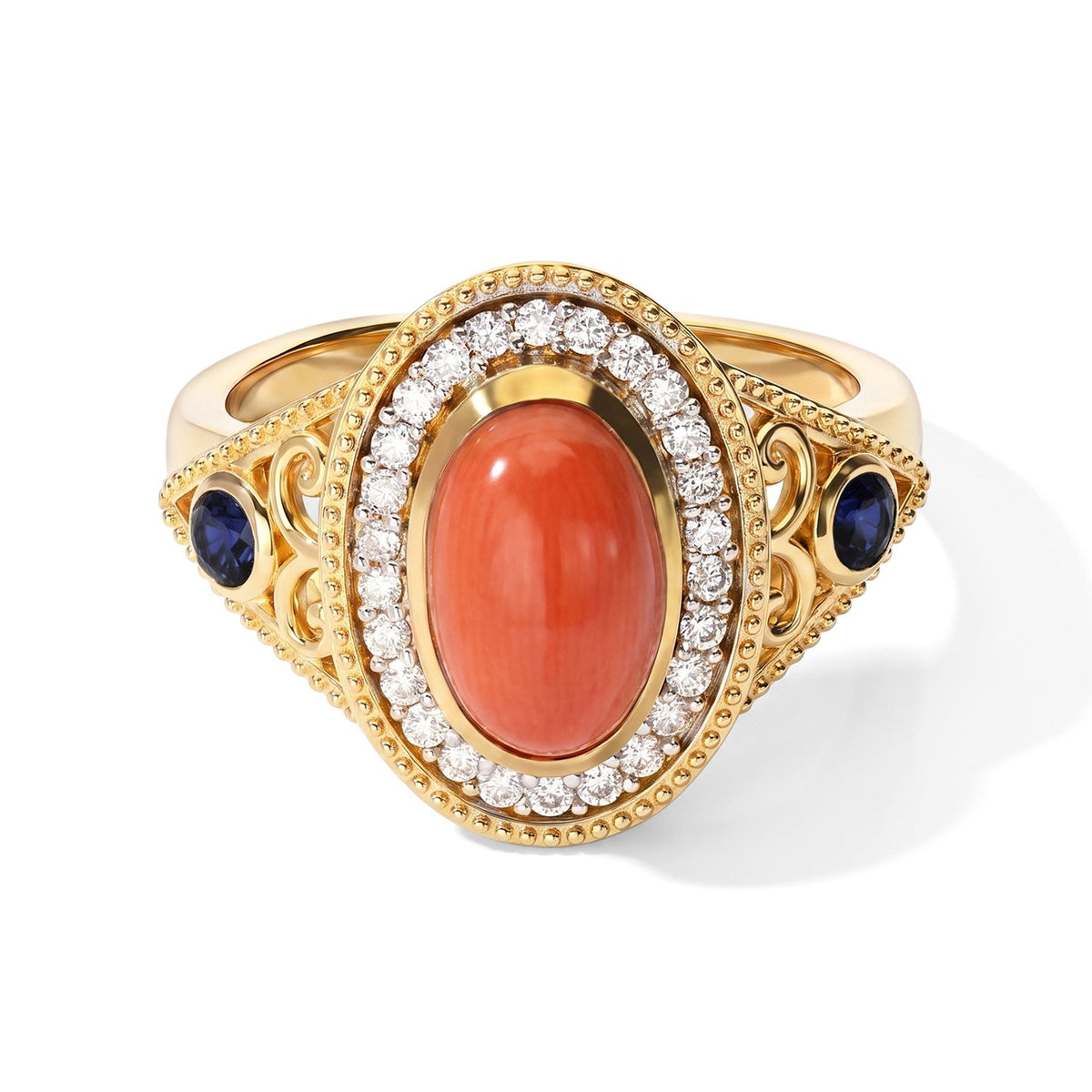 D''Joy Mediterranean Coral , Blue Sapphire , Moissanite Main Stone With Surrounding Stone Ring in 18K YG VermeilSterling Silver 2.58 ctw