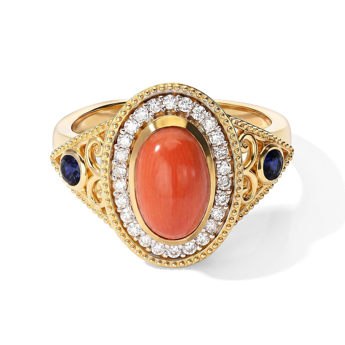 D''Joy Mediterranean Coral , Blue Sapphire , Moissanite Main Stone With Surrounding Stone Ring in 18K YG VermeilSterling Silver 2.58 ctw