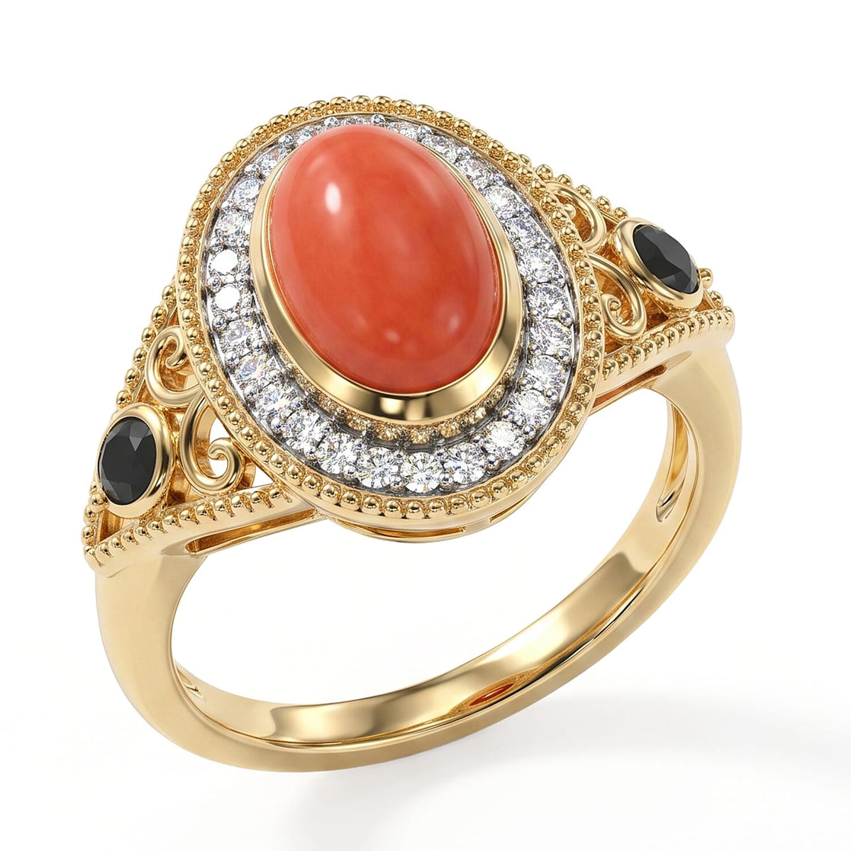 D''Joy Mediterranean Coral , Blue Sapphire , Moissanite Main Stone With Surrounding Stone Ring in 18K YG VermeilSterling Silver 2.58 ctw