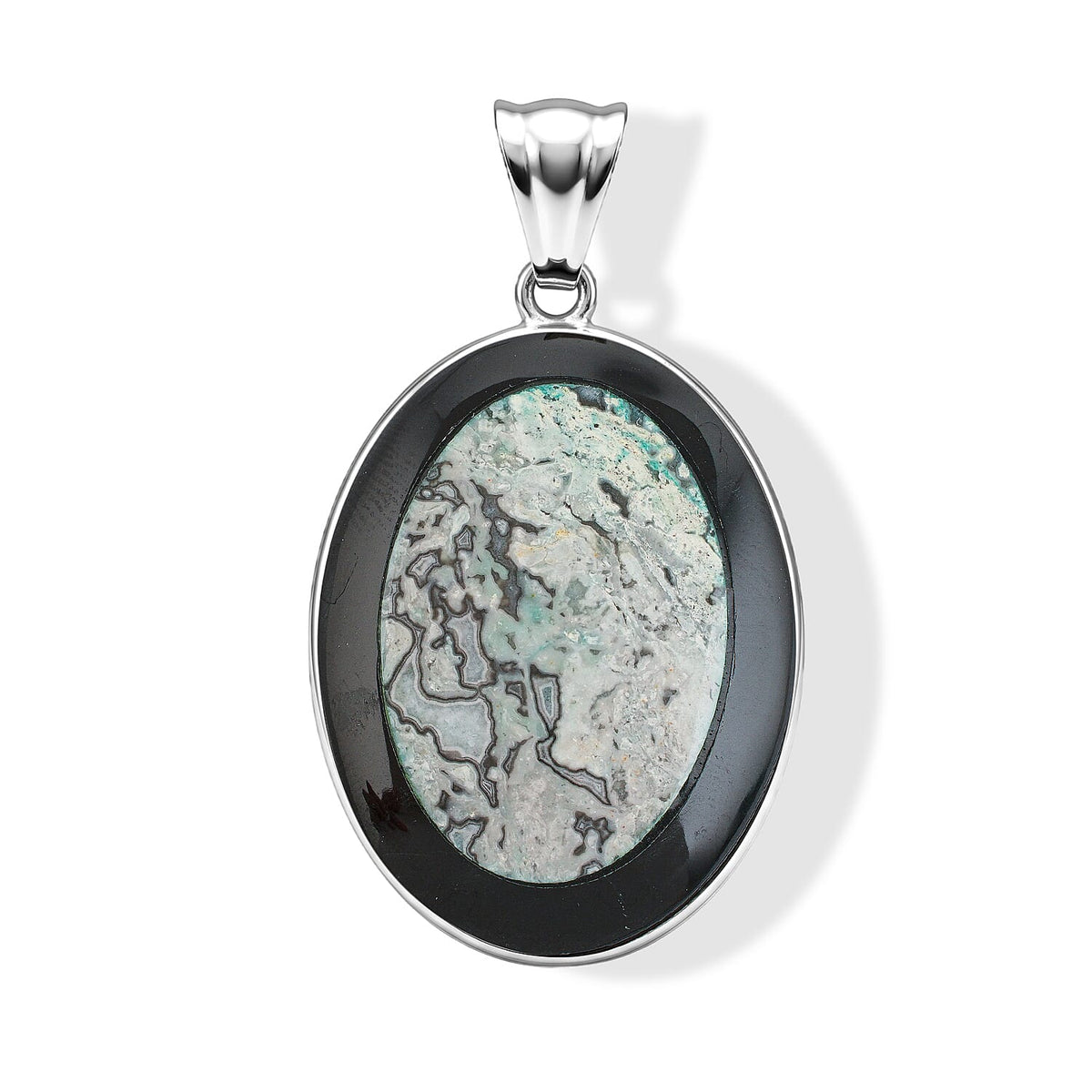 Green Laguna Lace Agate and Blackstone 50.50 ctw Pendant in Silvertone