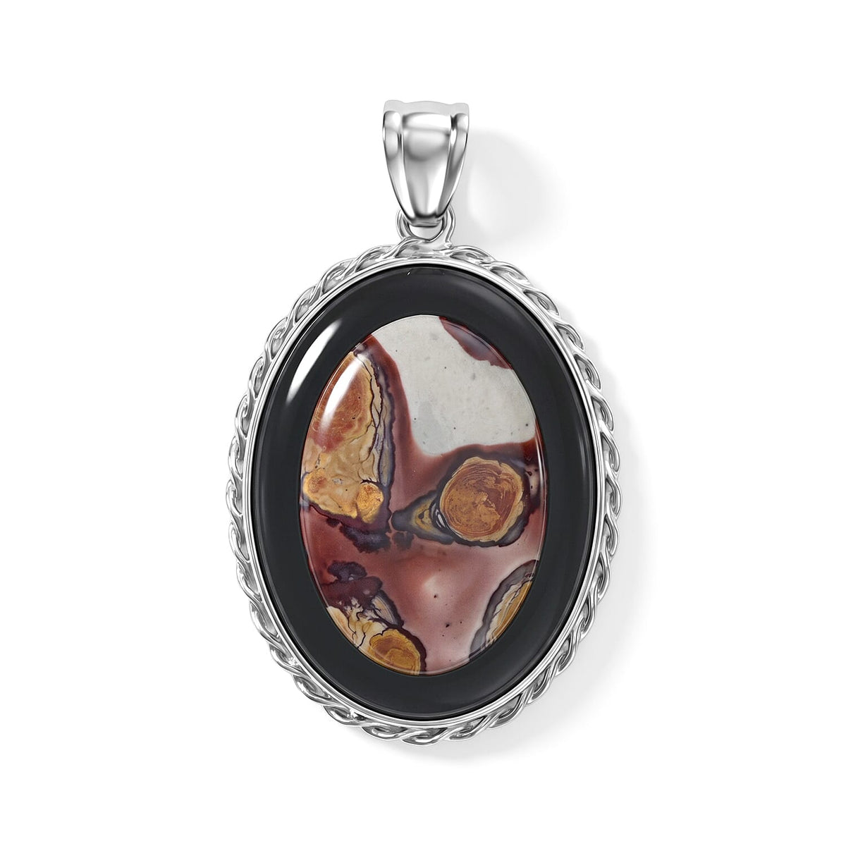 Flower Picture Jasper,Blackstone 50.50 ctw Pendant in Silvertone