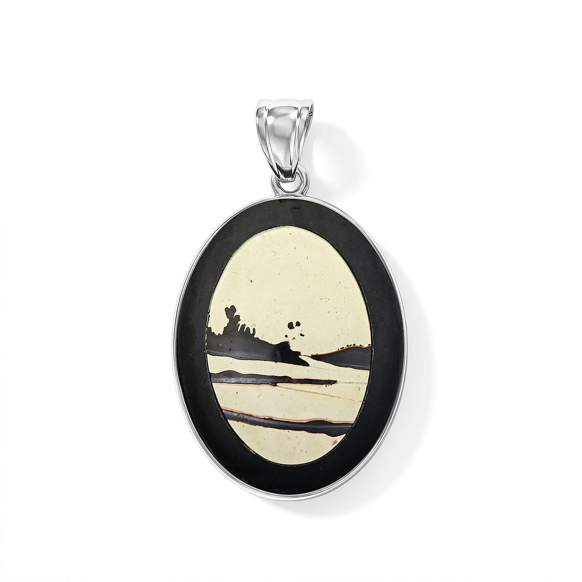 Flower Picture Jasper,Blackstone 50.50 ctw Pendant in Silvertone