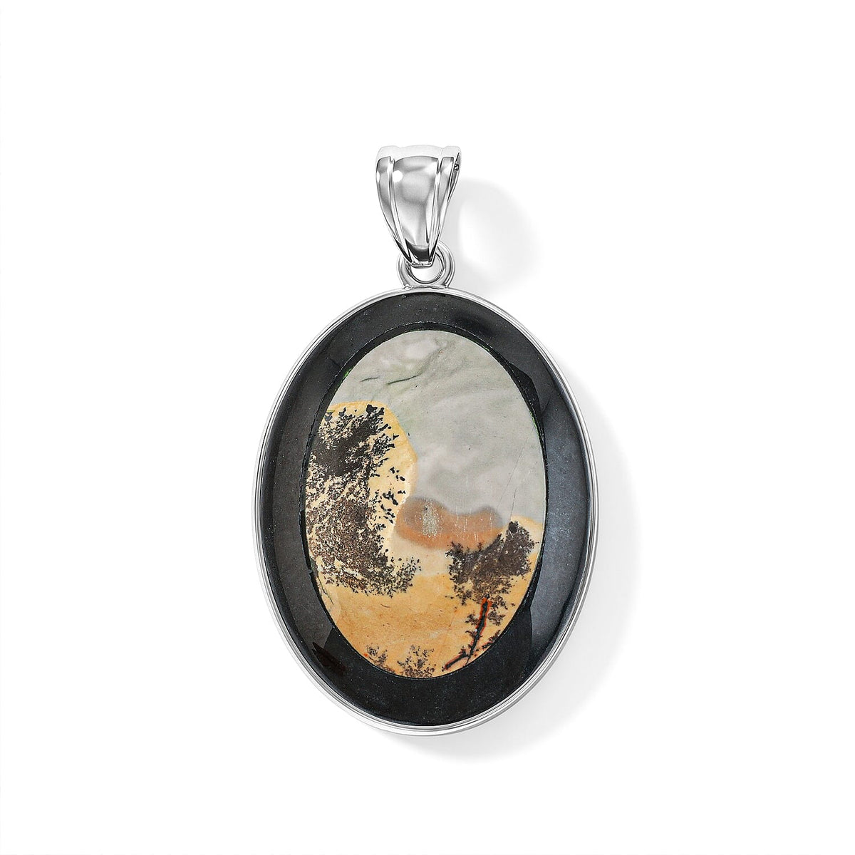 Flower Picture Jasper,Blackstone 50.50 ctw Pendant in Silvertone