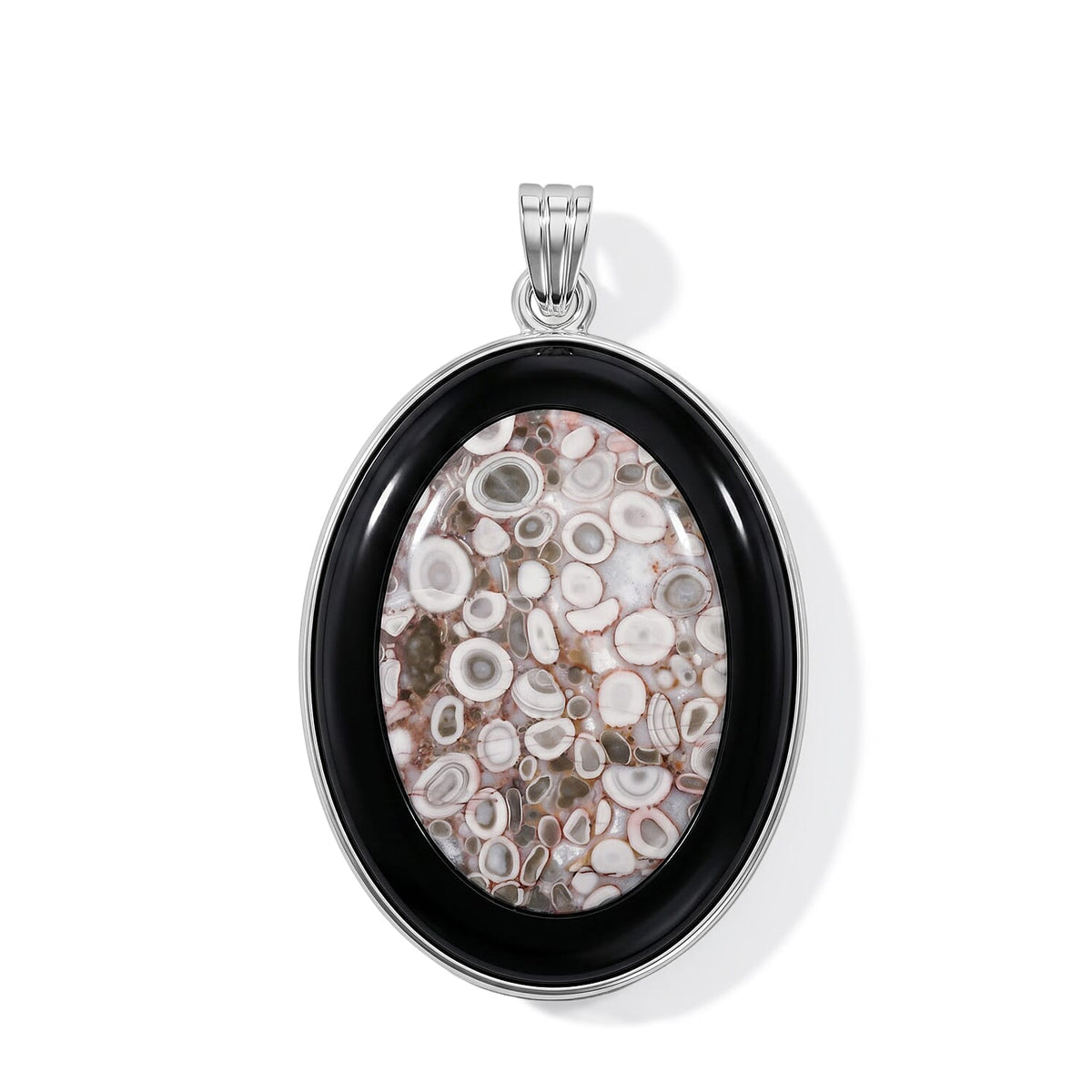 Flower Picture Jasper,Blackstone 50.50 ctw Pendant in Silvertone
