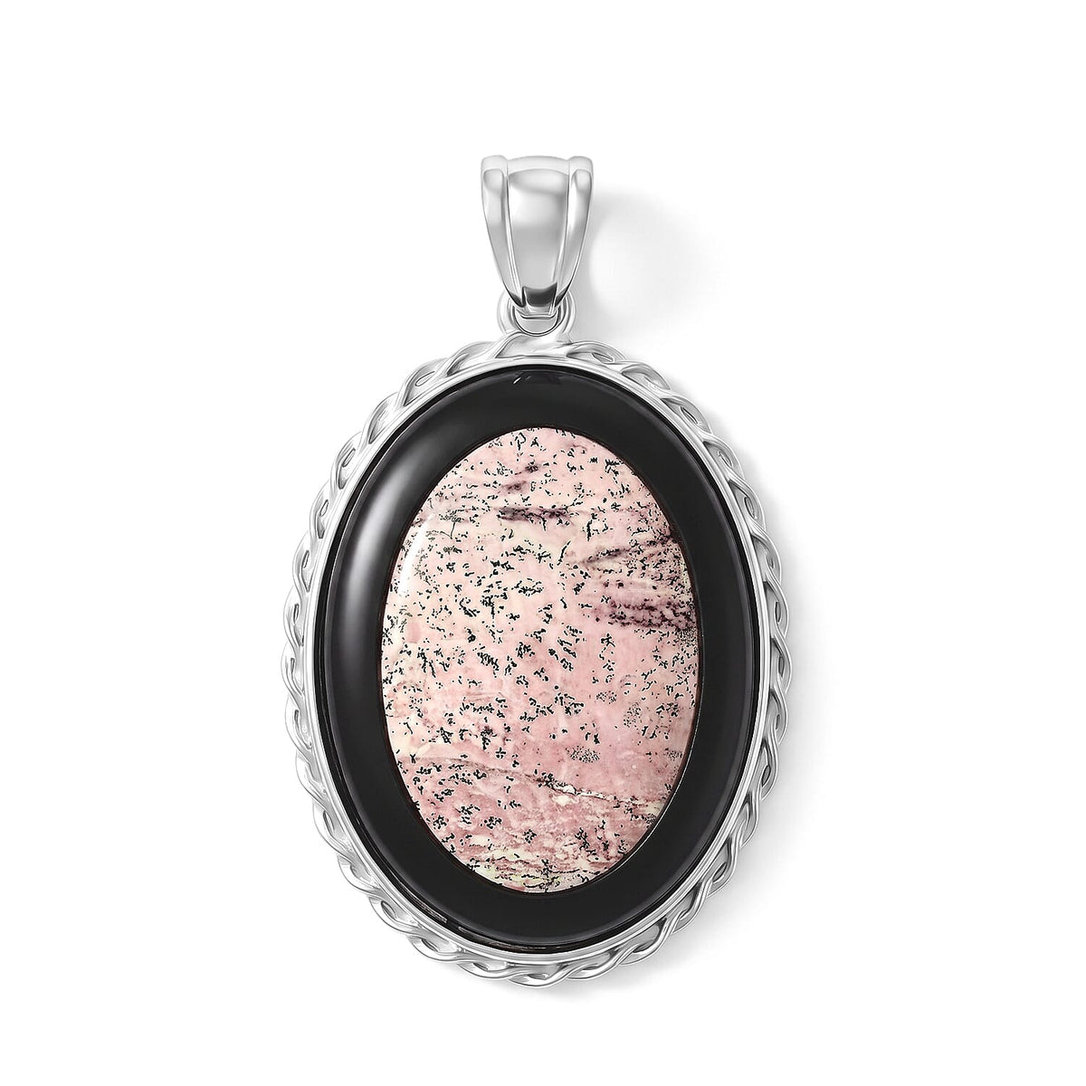 Flower Picture Jasper,Blackstone 50.50 ctw Pendant in Silvertone