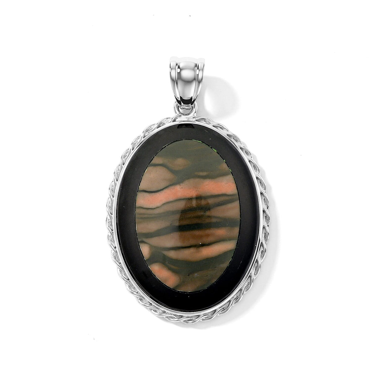 Flower Picture Jasper,Blackstone 50.50 ctw Pendant in Silvertone