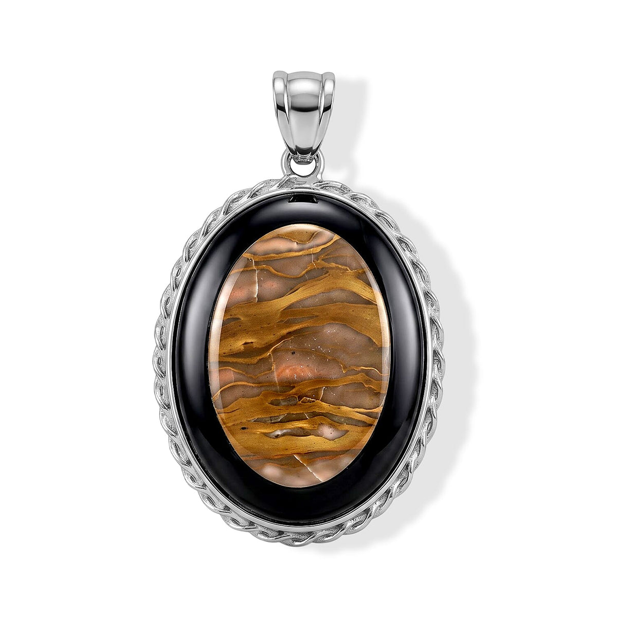 Flower Picture Jasper,Blackstone 50.50 ctw Pendant in Silvertone