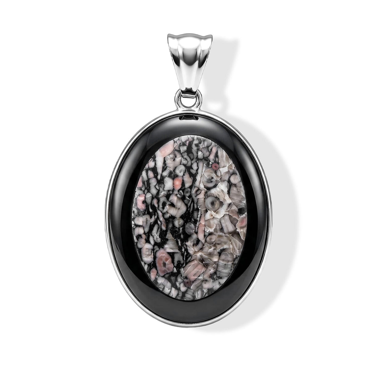 Flower Picture Jasper,Blackstone 50.50 ctw Pendant in Silvertone