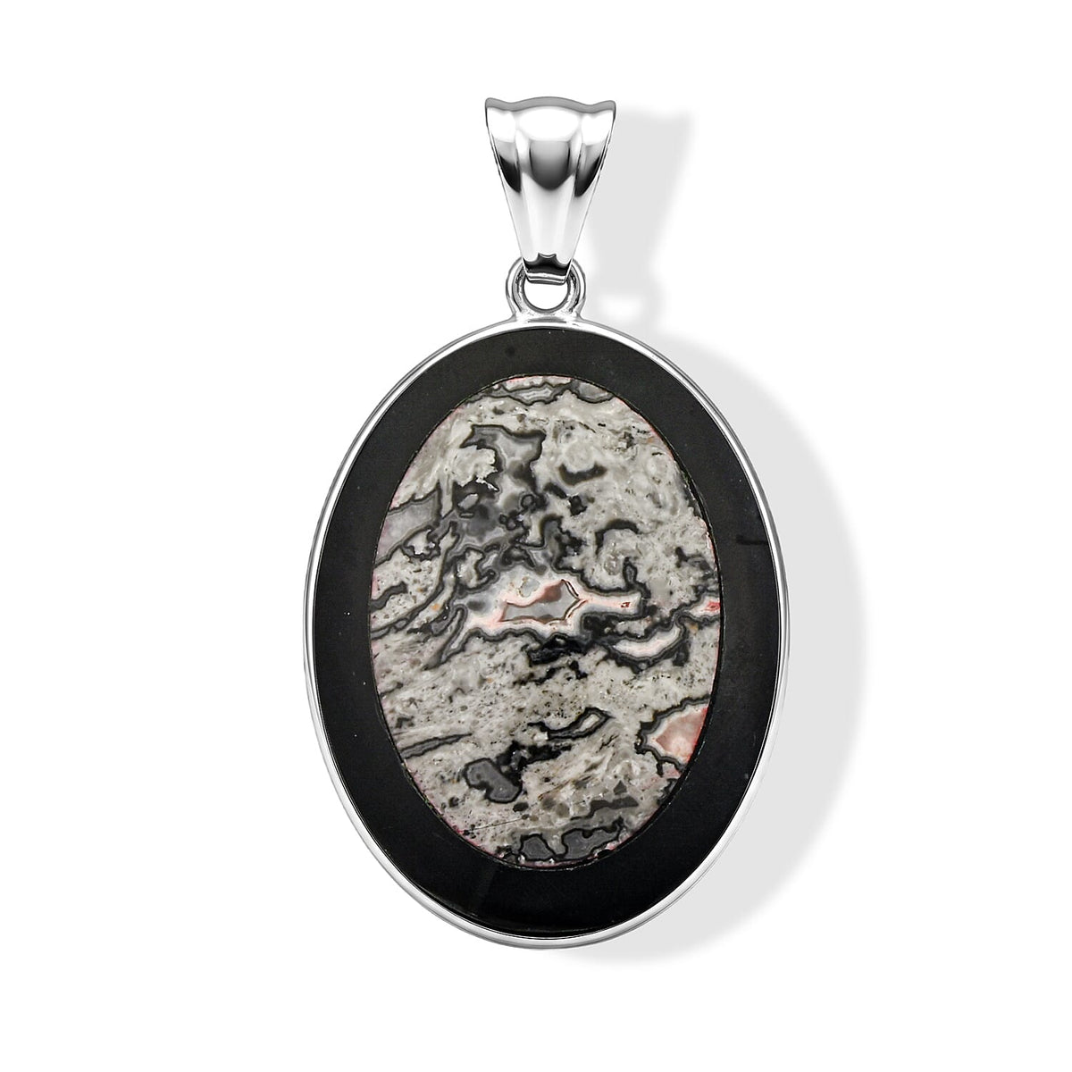 Green Laguna Lace Agate and Blackstone 50.50 ctw Pendant in Silvertone