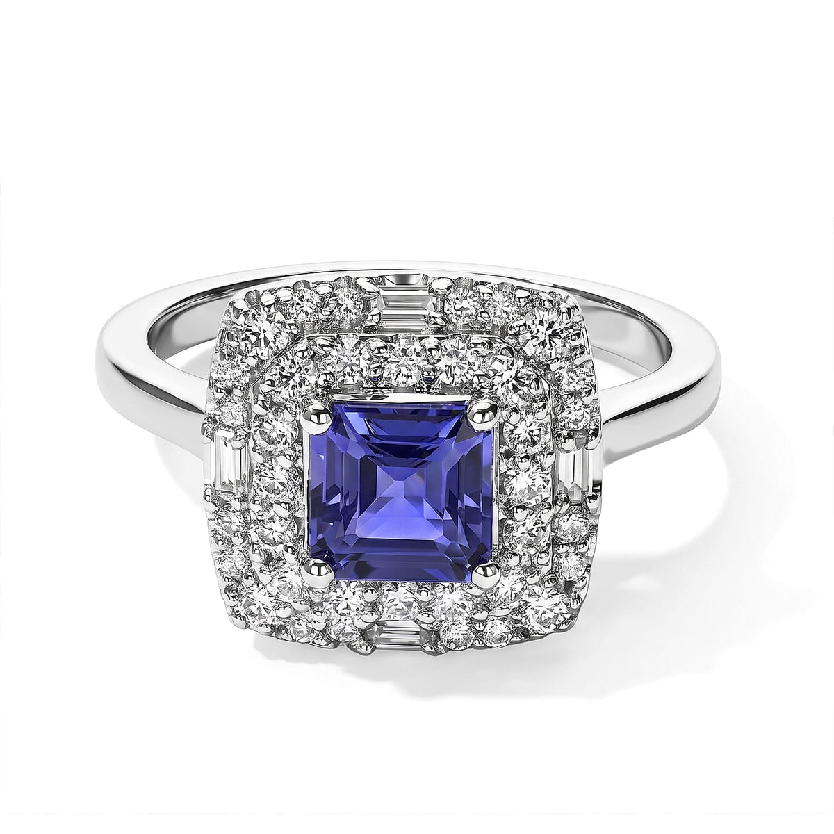 Certified and Appraised D''Joy Premium Asscher Cut Tanzanite, Moissanite Ring in Rhodium Over Sterling Silver (Size 10.0) 1.65 ctw
