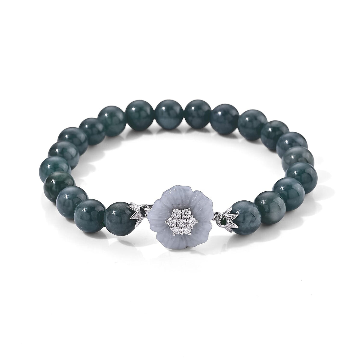 D''Joy Natural Olmec Jadeite Beaded and White Jade Carved, Moissanite 86.60 ctw Flower Bracelet in Rhodium Over Sterling Silver (6.50 In)