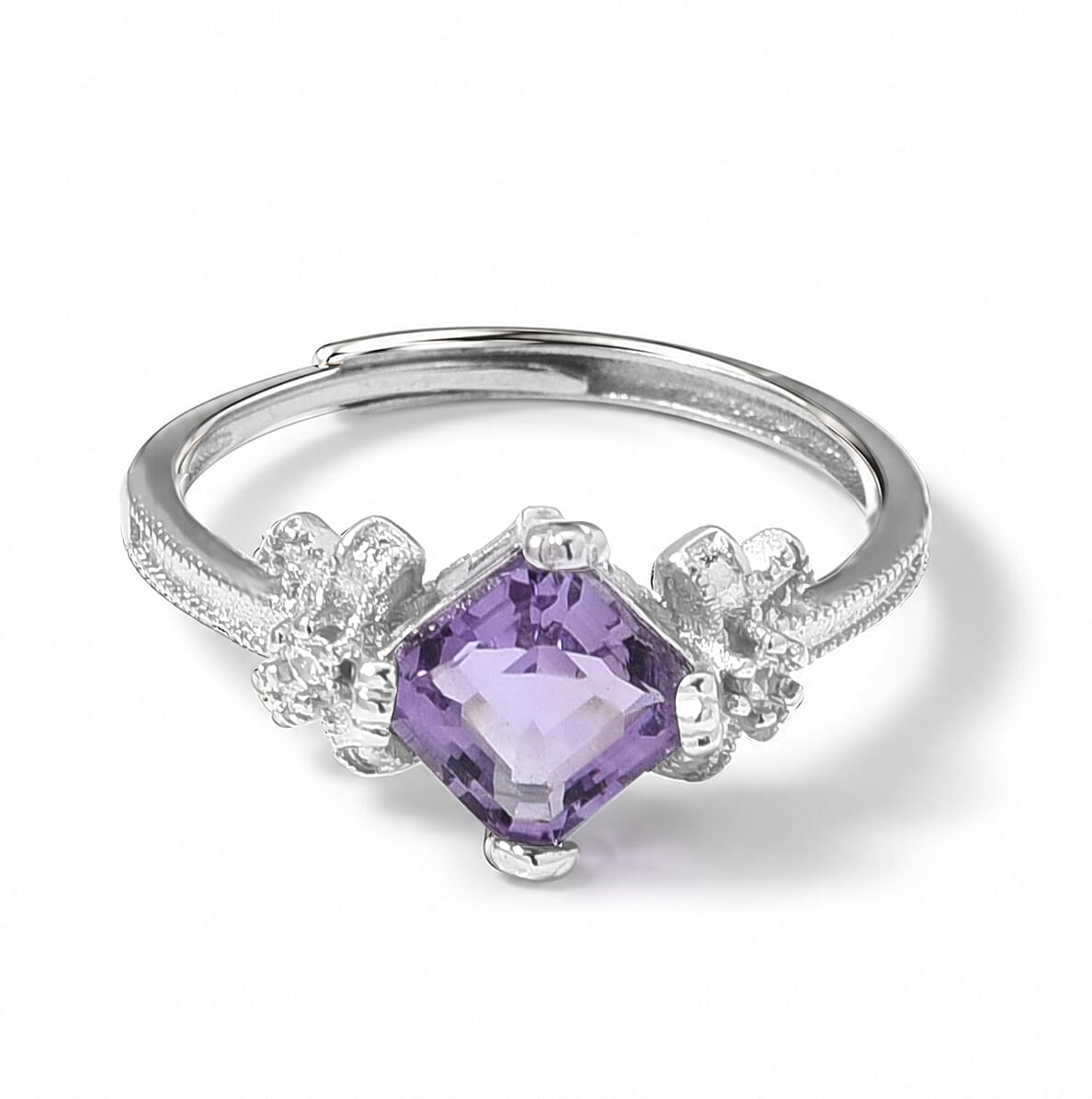 African Amethyst and Simulated Diamond 2.10 ctw Ring in Silvertone (Adjustable)