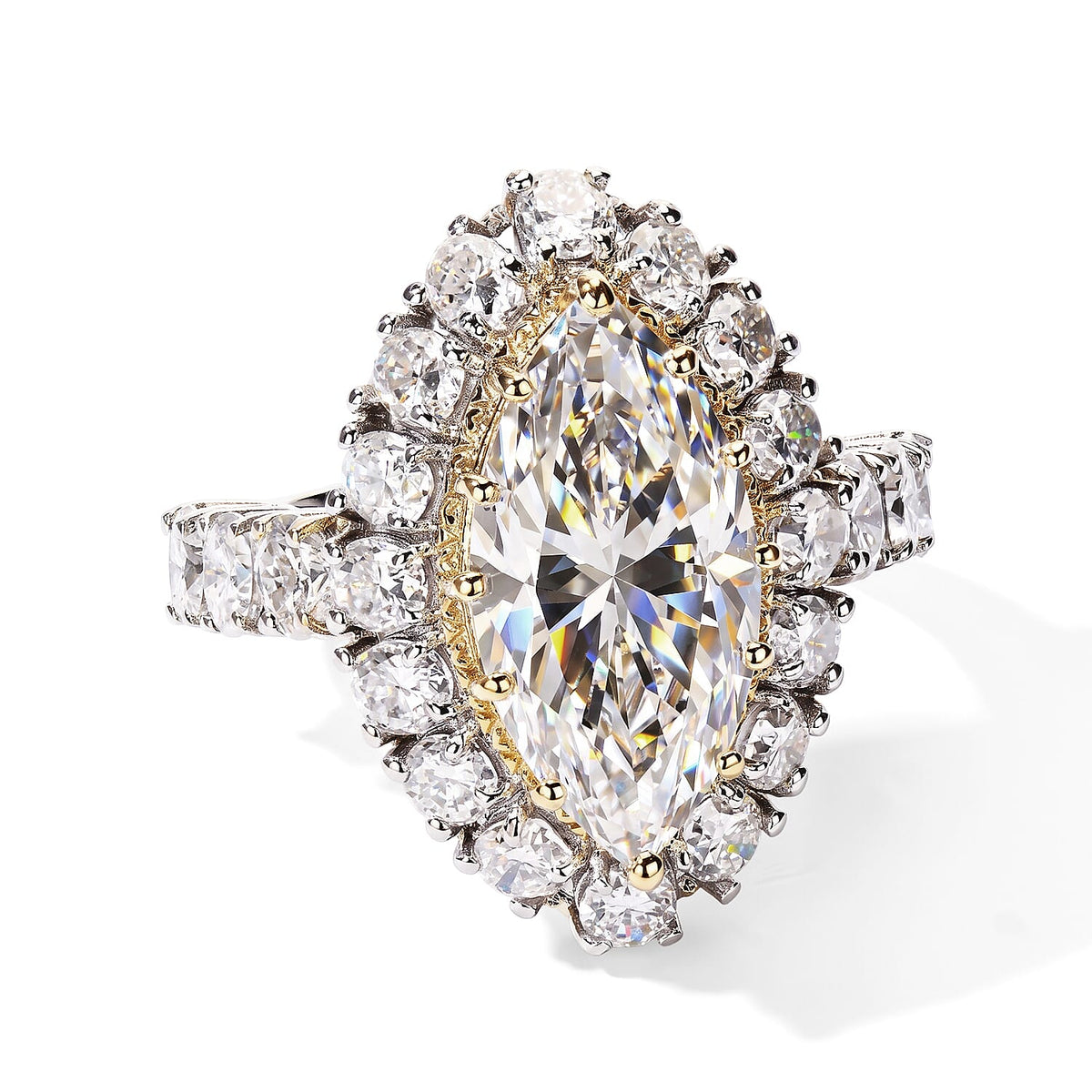 D''Joy Moissanite (Mrq 18x9mm) Ring in 18K Vermeil YG and Rhodium Over Sterling Silver (Size 10.0) 9.20 ctw