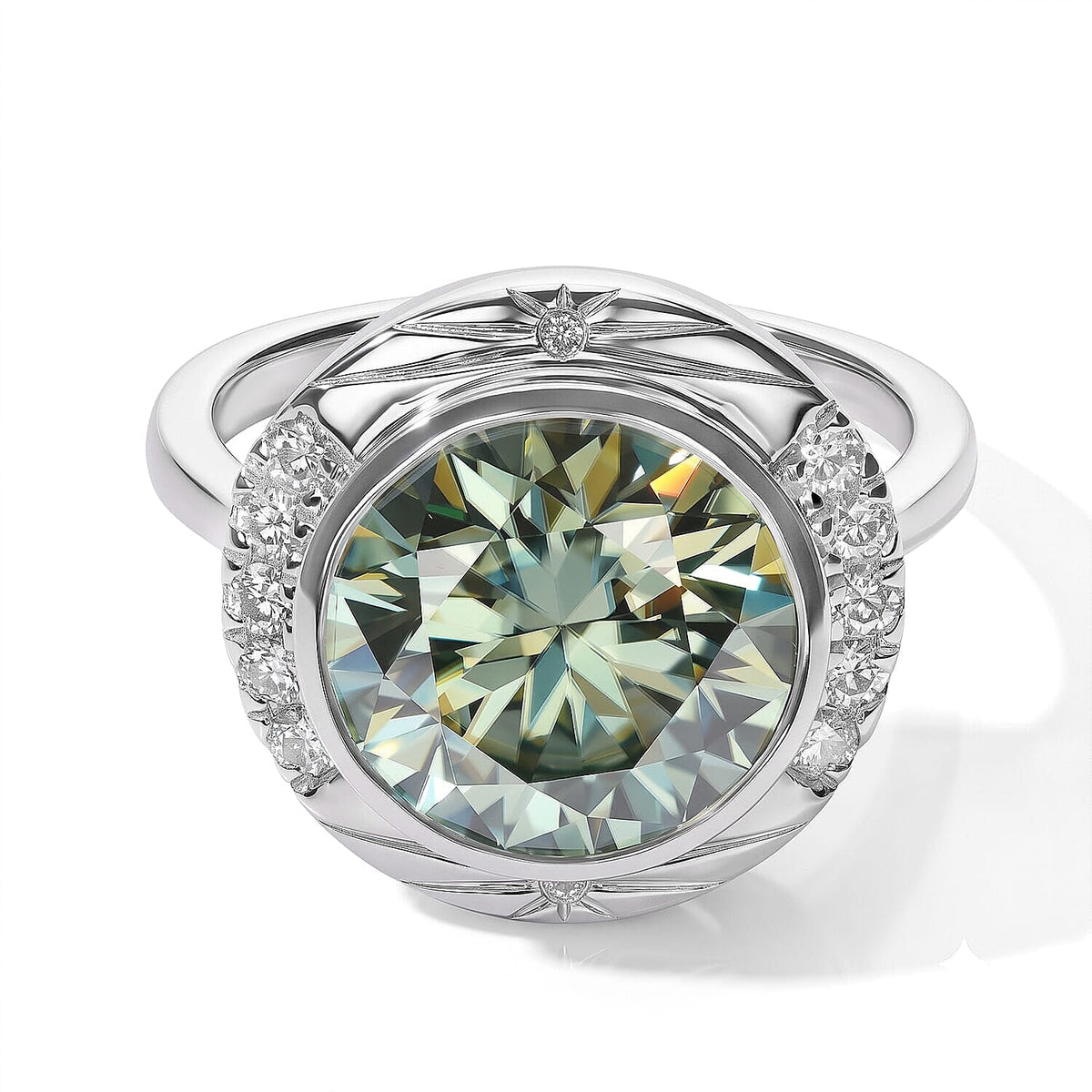 Certified and Appraised D''Joy Mint Green and White Moissanite (Rnd 11mm) Ring in Rhodium Over Sterling Silver (Size 6.0) 4.80 ctw