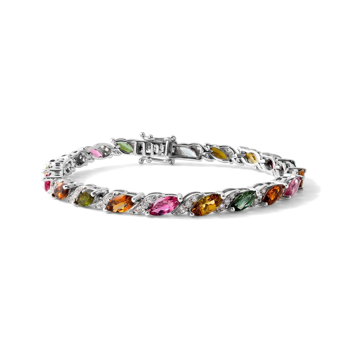 D''Joy Multi-Tourmaline and White Zircon 15.10 ctw Bracelet in Rhodium Over Sterling Silver (6.50 In)