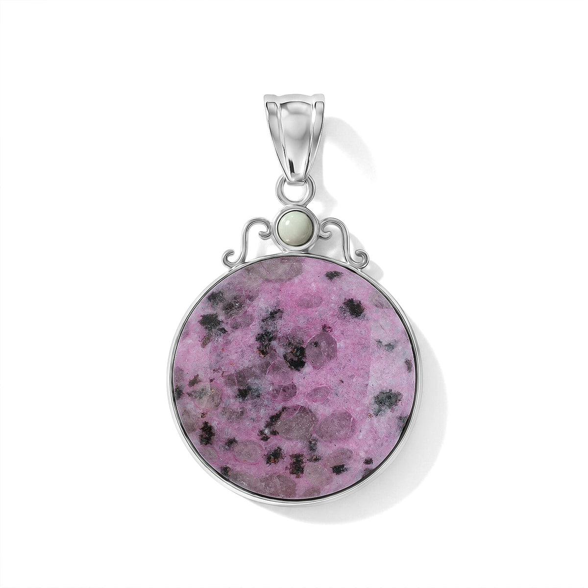 Center Stone Varies Kiwi Purple Amazonite Moon Pendant in Silvertone 38.00 ctw