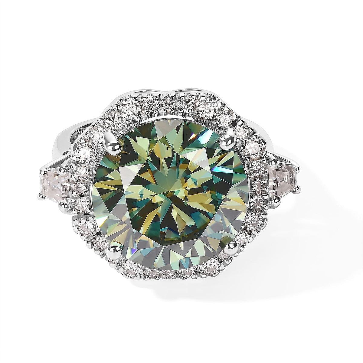 Certified and Appraised D''Joy Mint Green and White Moissanite (Rnd 14mm) Ring in Rhodium Over Sterling Silver (Size 6.0) 10.60 ctw