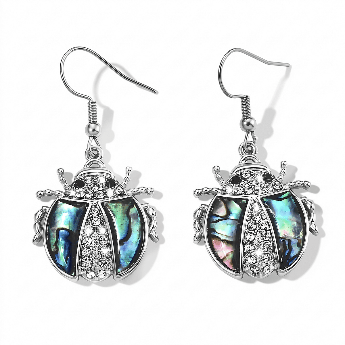 Abalone Shell, Austrian Black and White Crystal Dangling Earrings in Silvertone