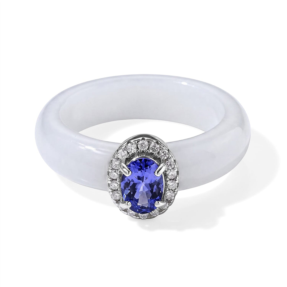 D''Joy Tanzanite, Moissanite and Natural Jade Band Men''s Ring in Rhodium Over Sterling Silver (Size 9.0) 20.20 ctw