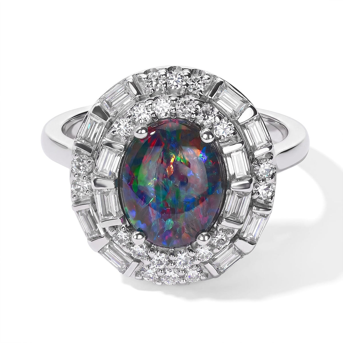 Certified and Appraised D''Joy Premium Australian Black Ridge Opal Triplet, Moissanite Ring in Rhodium Over Sterling Silver (Size 6.0) 2.58 ctw