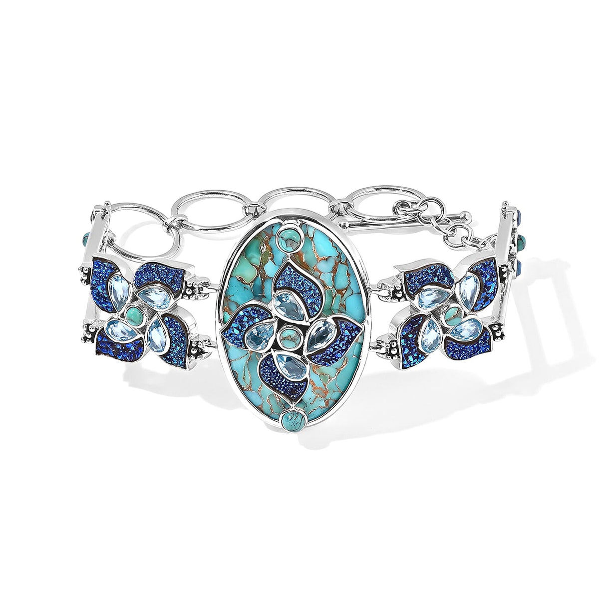 Sajen Silver AAA Recon Turquoise, Multi Gemstone Bracelet in Rhodium Over Sterling Silver (7.25 In) 44.20 ctw