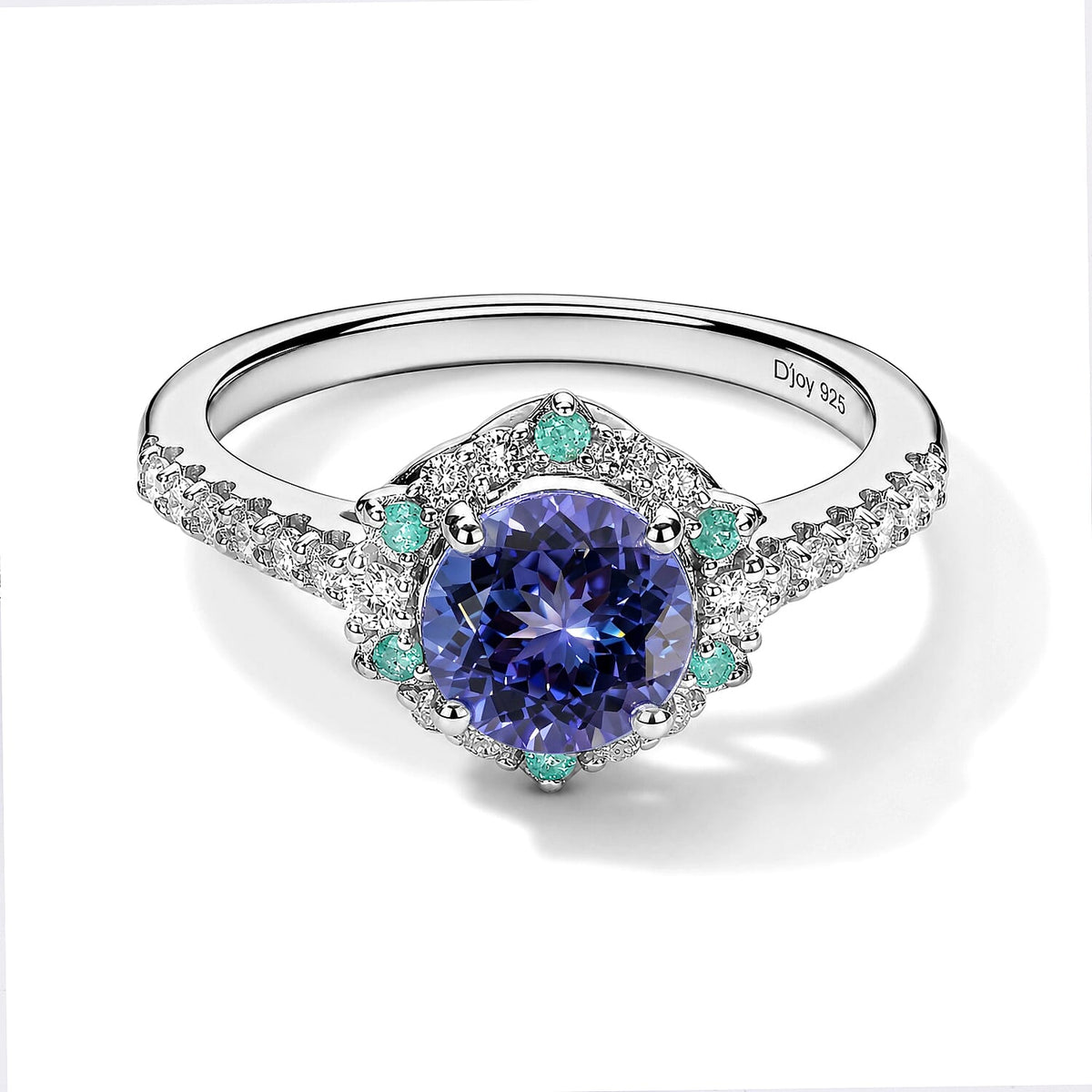 Certified and Appraised D''Joy Premium Tanzanite, Paraiba Tourmaline and Moissanite Ring in Rhodium Over Sterling Silver (Size 10.5) 2.15 ctw
