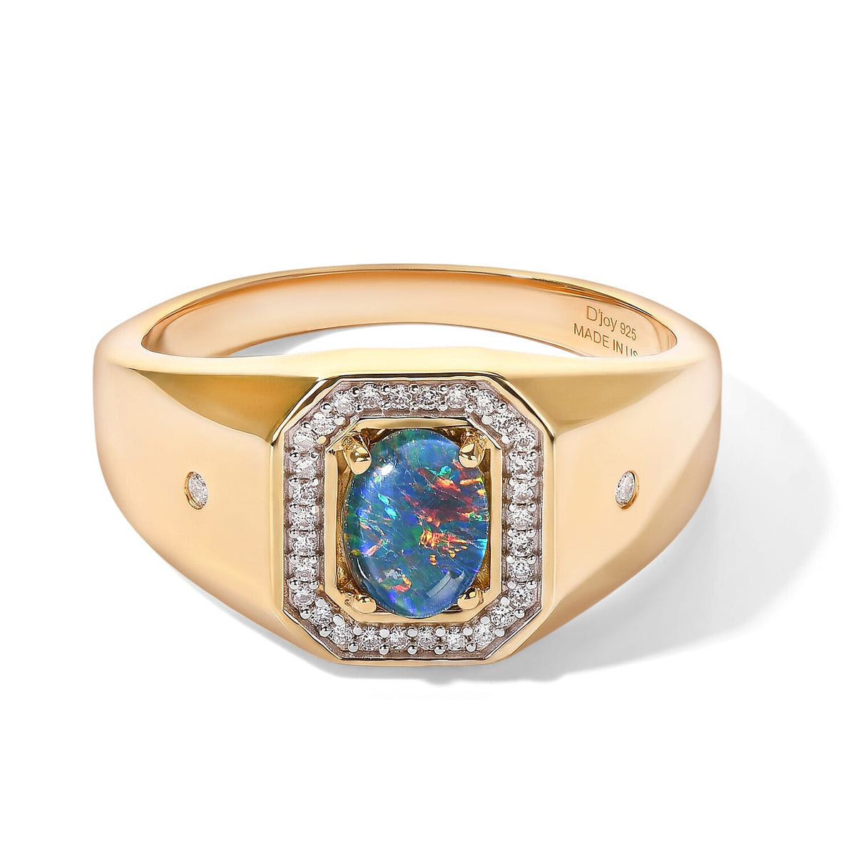 D''Joy Premium Australian Black Ridge Opal Triplet, Moissanite Galactic Signet Men''s Ring in 18K Vermeil YG Over Sterling Silver (Size 10.0) 1.10 ctw