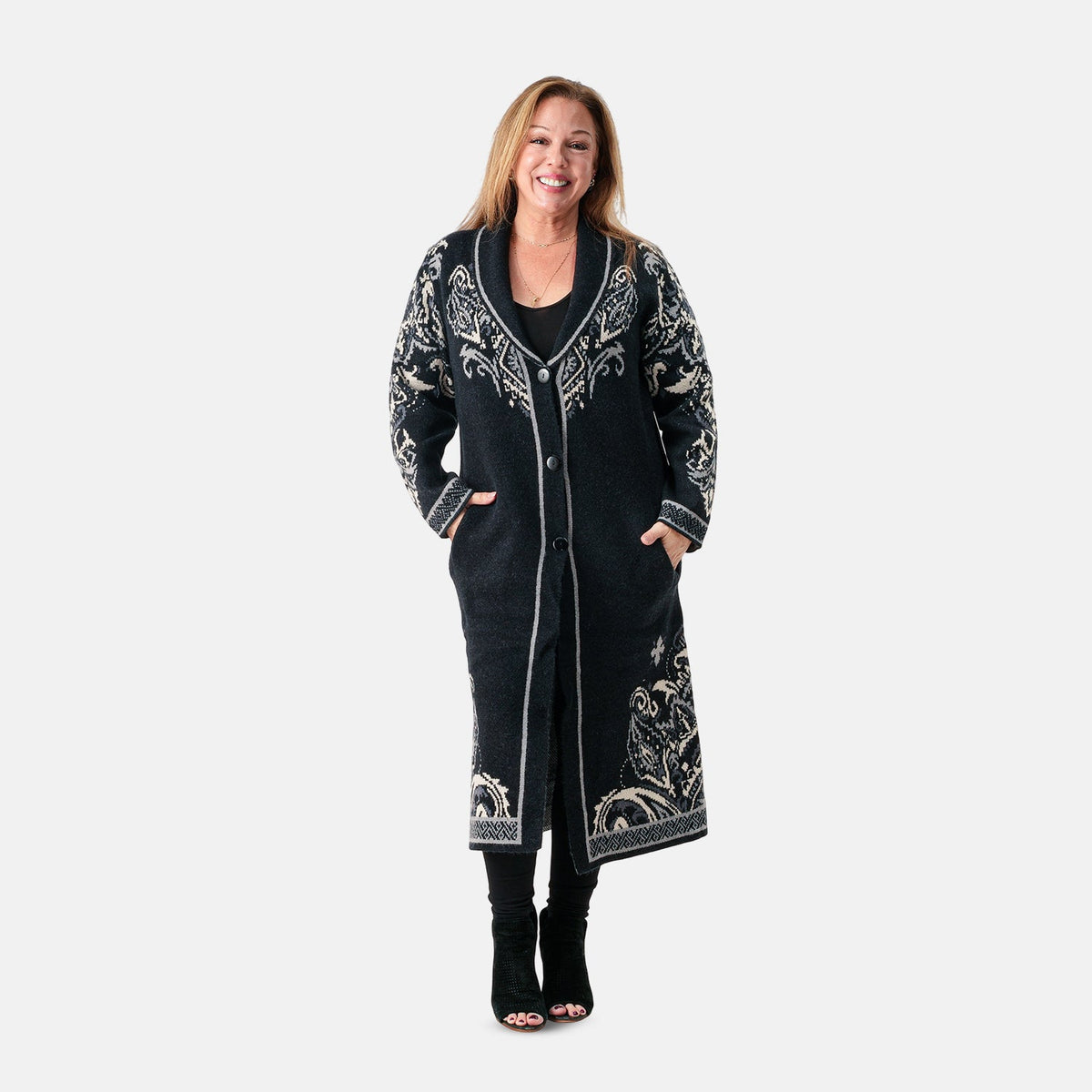 Vertigo Light Gray/Black Scroll Pattern Sweater Coat - S