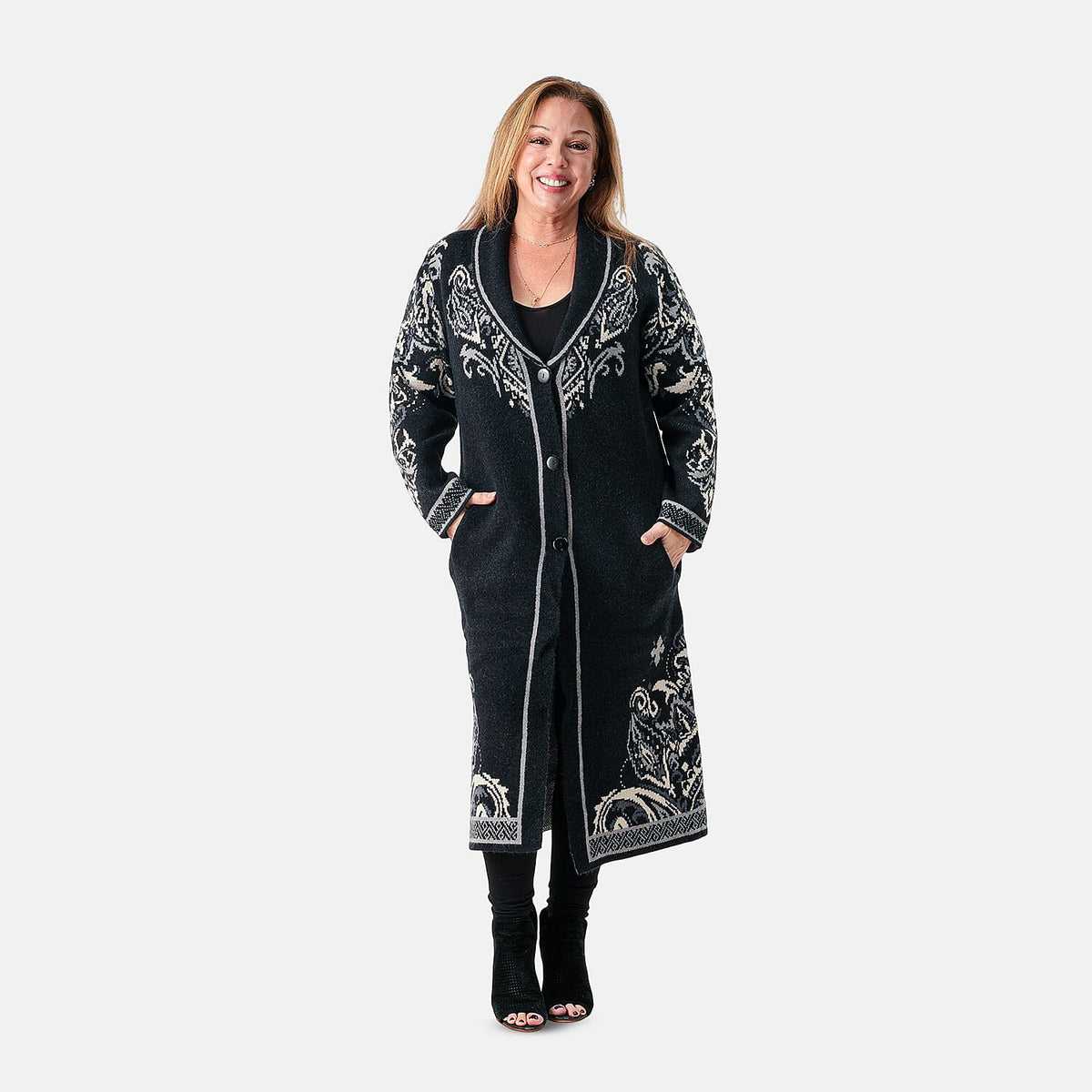 Vertigo Light Gray/Black Scroll Pattern Sweater Coat - S