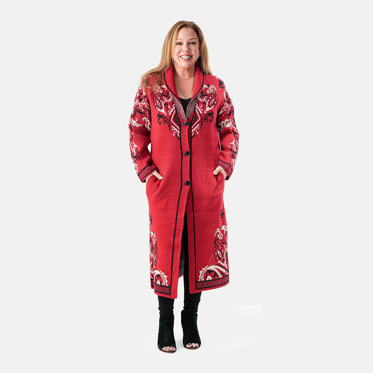 Vertigo Red Scroll Pattern Sweater Coat - S