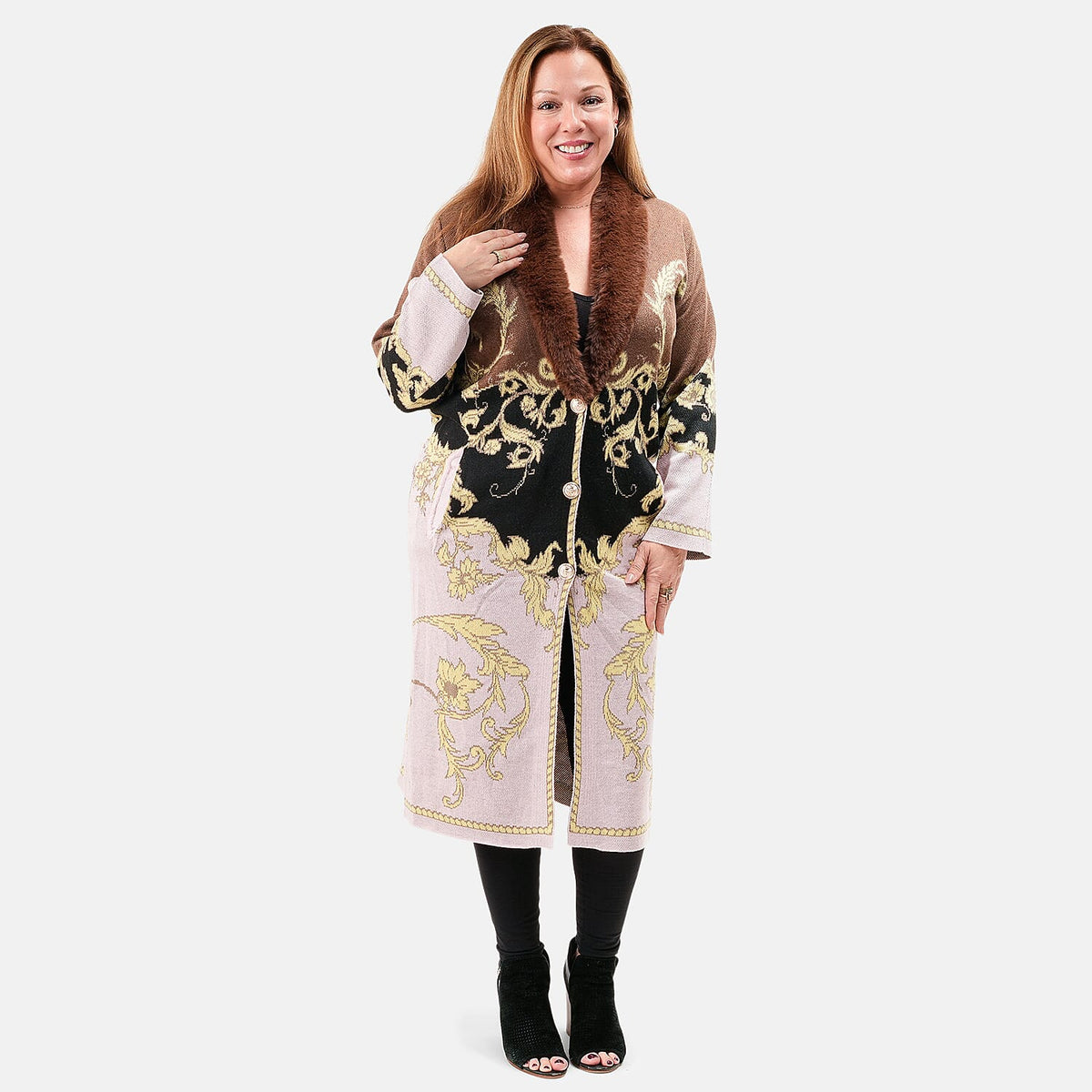 Vertigo Latte/Light Pink Fur Collar Sweater Coat - L