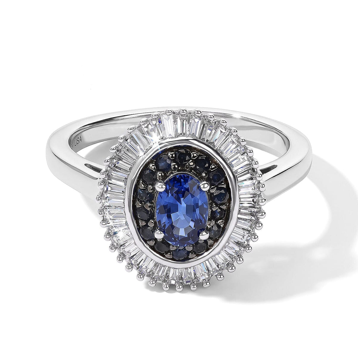 D''Joy Premium Ceylon Blue Sapphire and Blue Sapphire, White Diamond (0.35 cts) Ring in Rhodium Over Sterling Silver (Size 10.0) 1.10 ctw