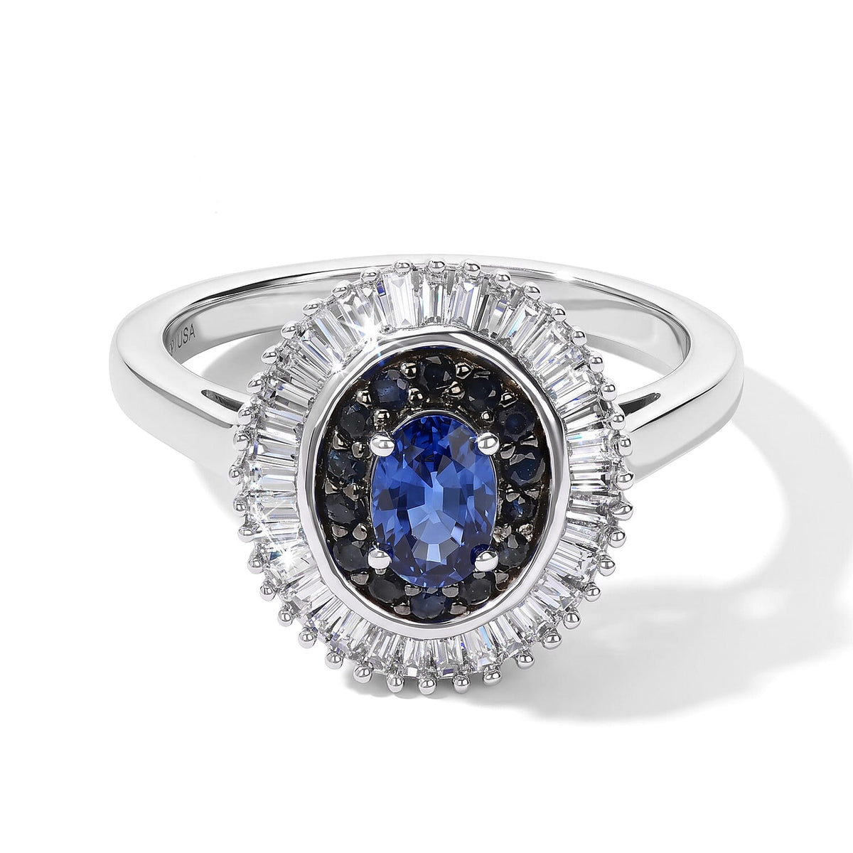D''Joy Premium Ceylon Blue Sapphire and Blue Sapphire, White Diamond (0.35 cts) Ring in Rhodium Over Sterling Silver (Size 10.0) 1.10 ctw