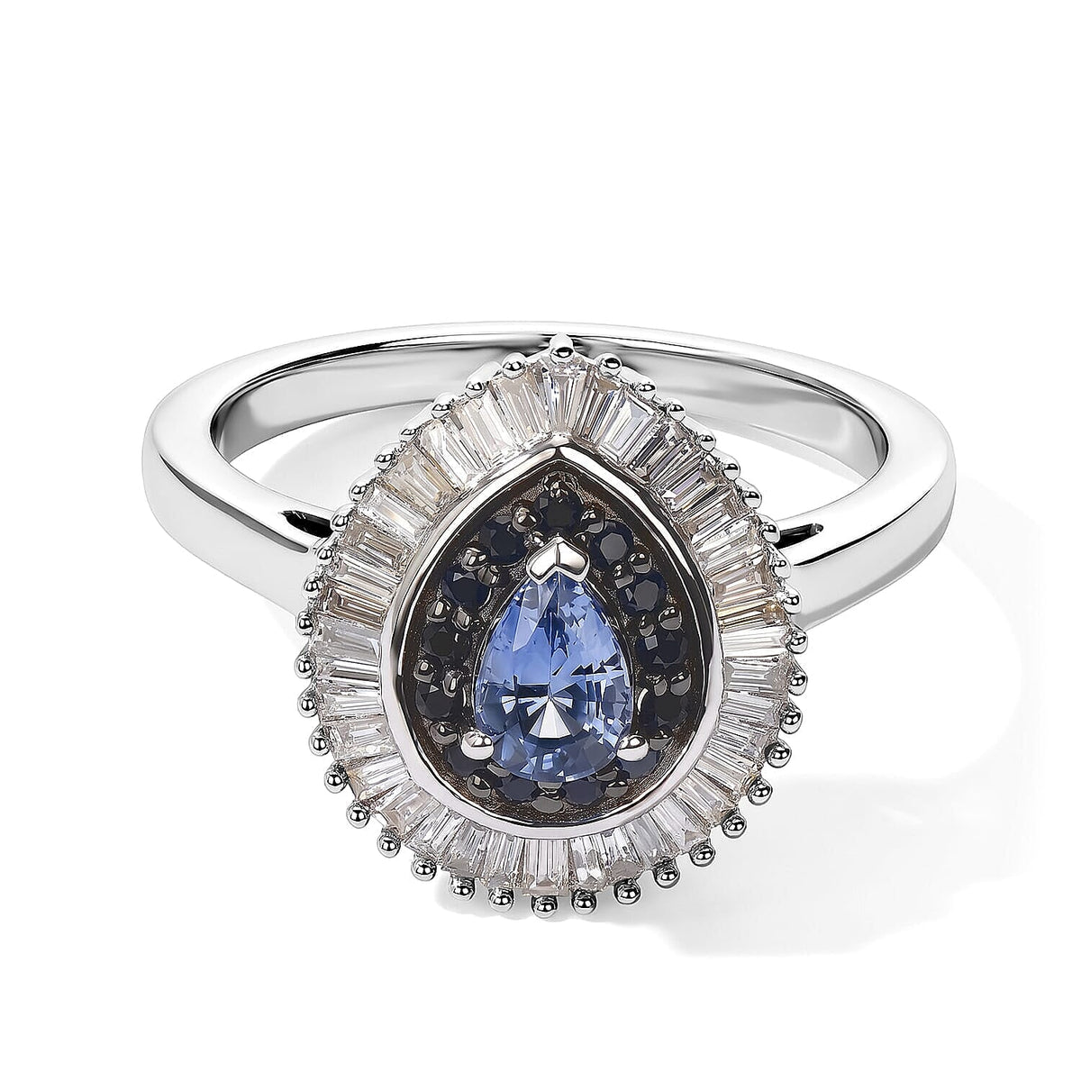 D''Joy Premium Ceylon Blue Sapphire and Blue Sapphire, White Diamond (0.35 cts) Ring in Rhodium Over Sterling Silver (Size 10.0) 1.10 ctw